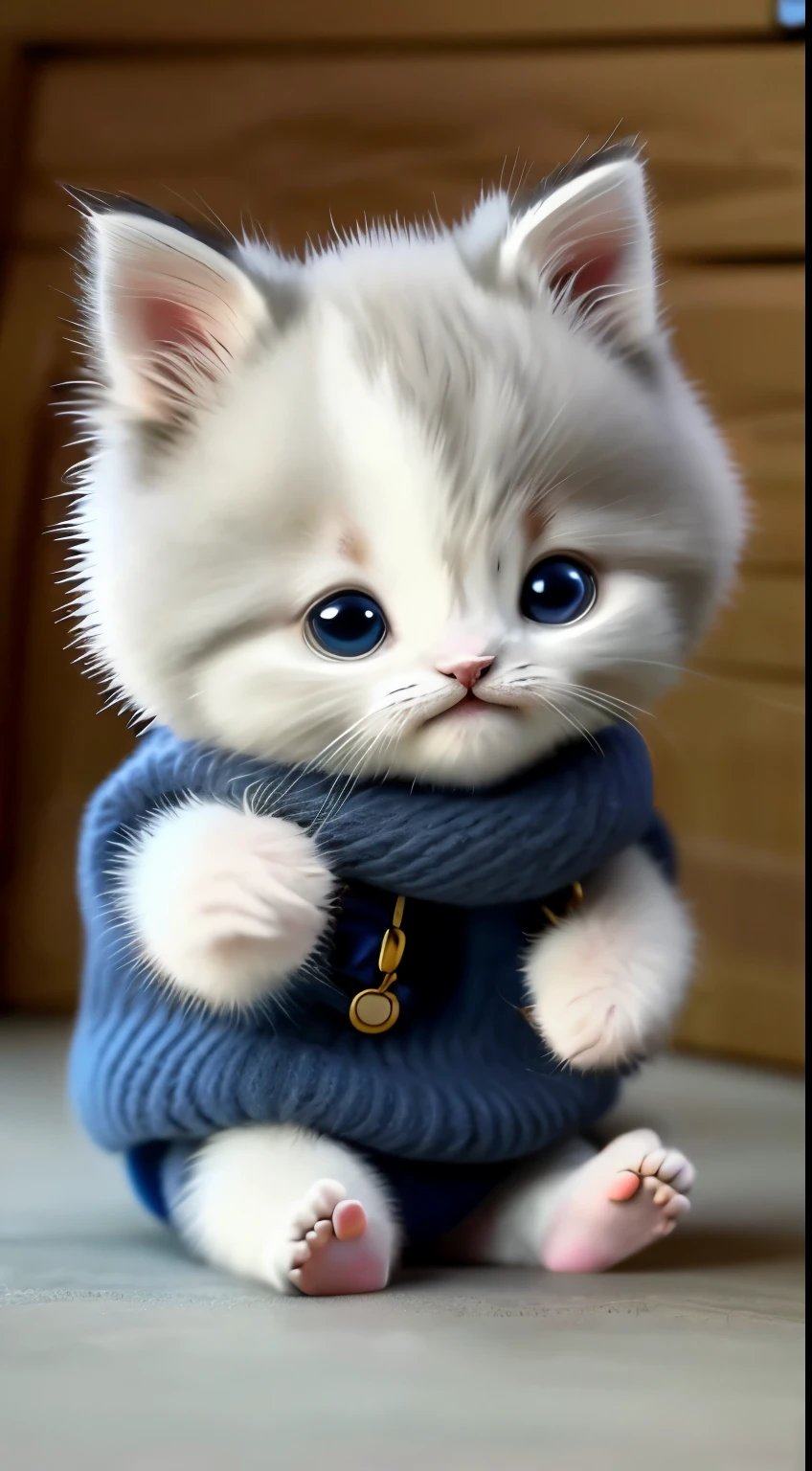 kitten in clothes, detailed paws、Cute Paw、miniature kitten, Animal focus, bearded, realistic, POV Hand, ambiguous background,smile,interesting、