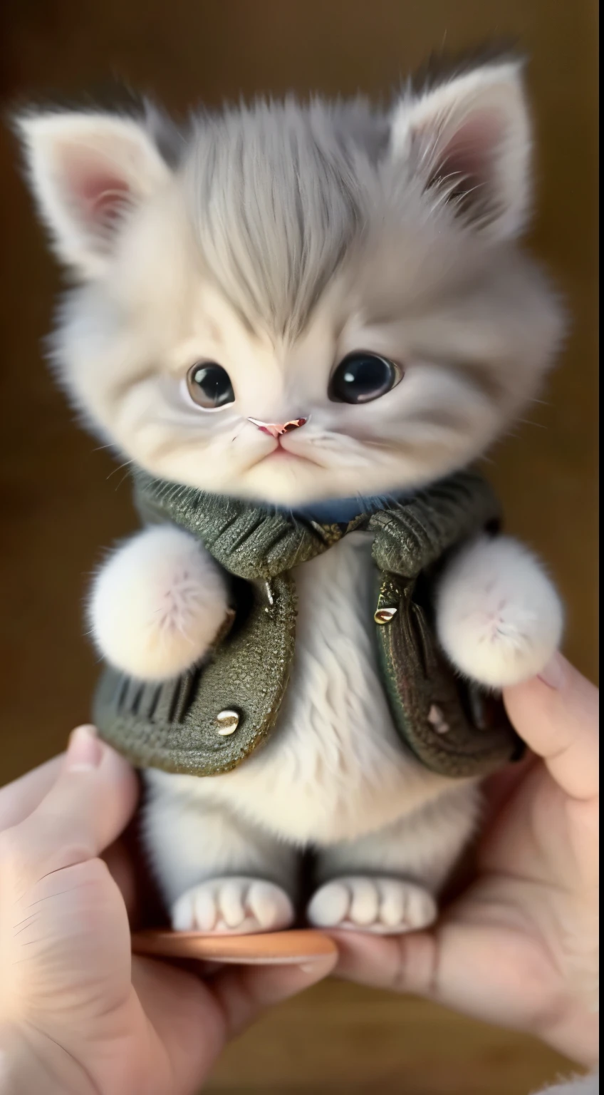 kitten in clothes, detailed paws、Cute Paw、miniature kitten, Animal focus, bearded, realistic, POV Hand, ambiguous background,smile,interesting、