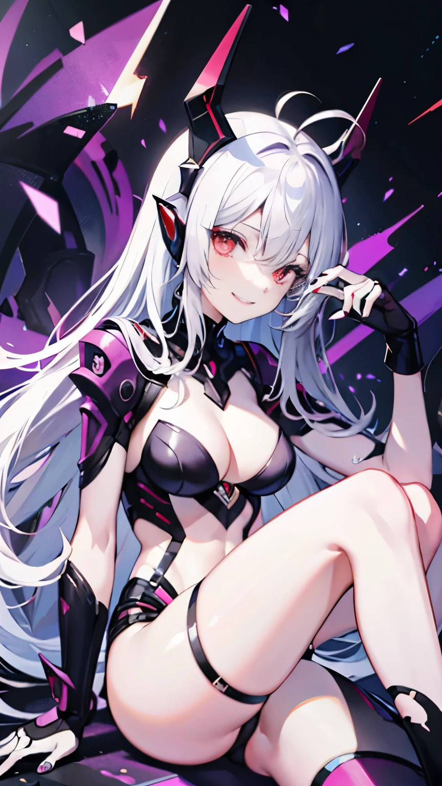 pale skin，dark风，long white hair，black eye shadow，red eyes，Abstinence，dark，antenna，succubus，Open the legs，Smile，Contemptuous eyes，mocking look，Battle damage，Broken clothes，playful，Transparent underwear，camel toe，sitting，hot pants，Mecha