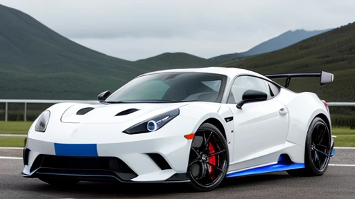 White powerful heavy duty sports car with blue details, black tinted windows and blue details.