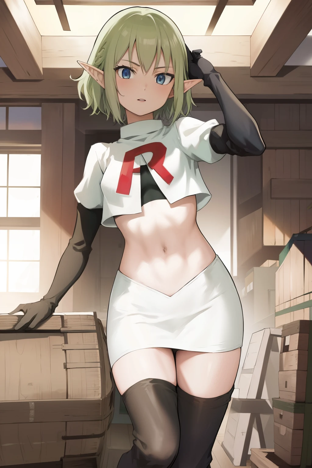 masterpiece,best quality,anime,2d,detailed face,
1girl, solo, pointy ears, blue eyes,green hair, looking at viewer, short hair, indoors, elf,medium breasts, team rocket,team rocket uniform, red letter R, white skirt,white crop top,black thigh-highs,black elbow gloves