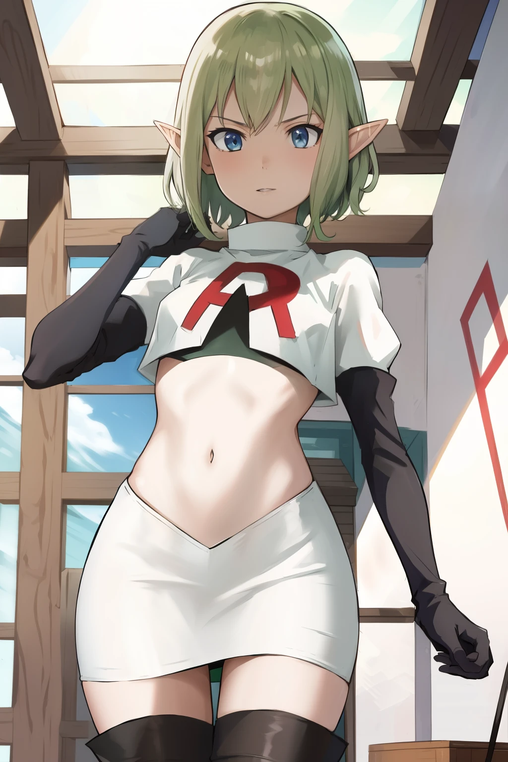 masterpiece,best quality,anime,2d,detailed face,
1girl, solo, pointy ears, blue eyes,green hair, looking at viewer, short hair, indoors, elf,medium breasts, team rocket,team rocket uniform, red letter R, white skirt,white crop top,black thigh-highs,black elbow gloves