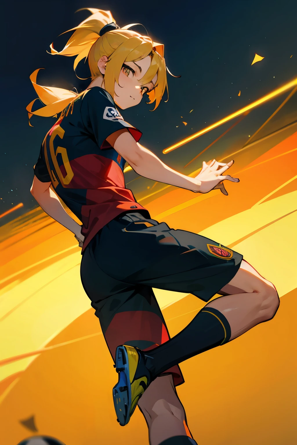 Barcelona jersey, soccer, multicolored hair, ponytail, young male, golden eyes, soccer field,