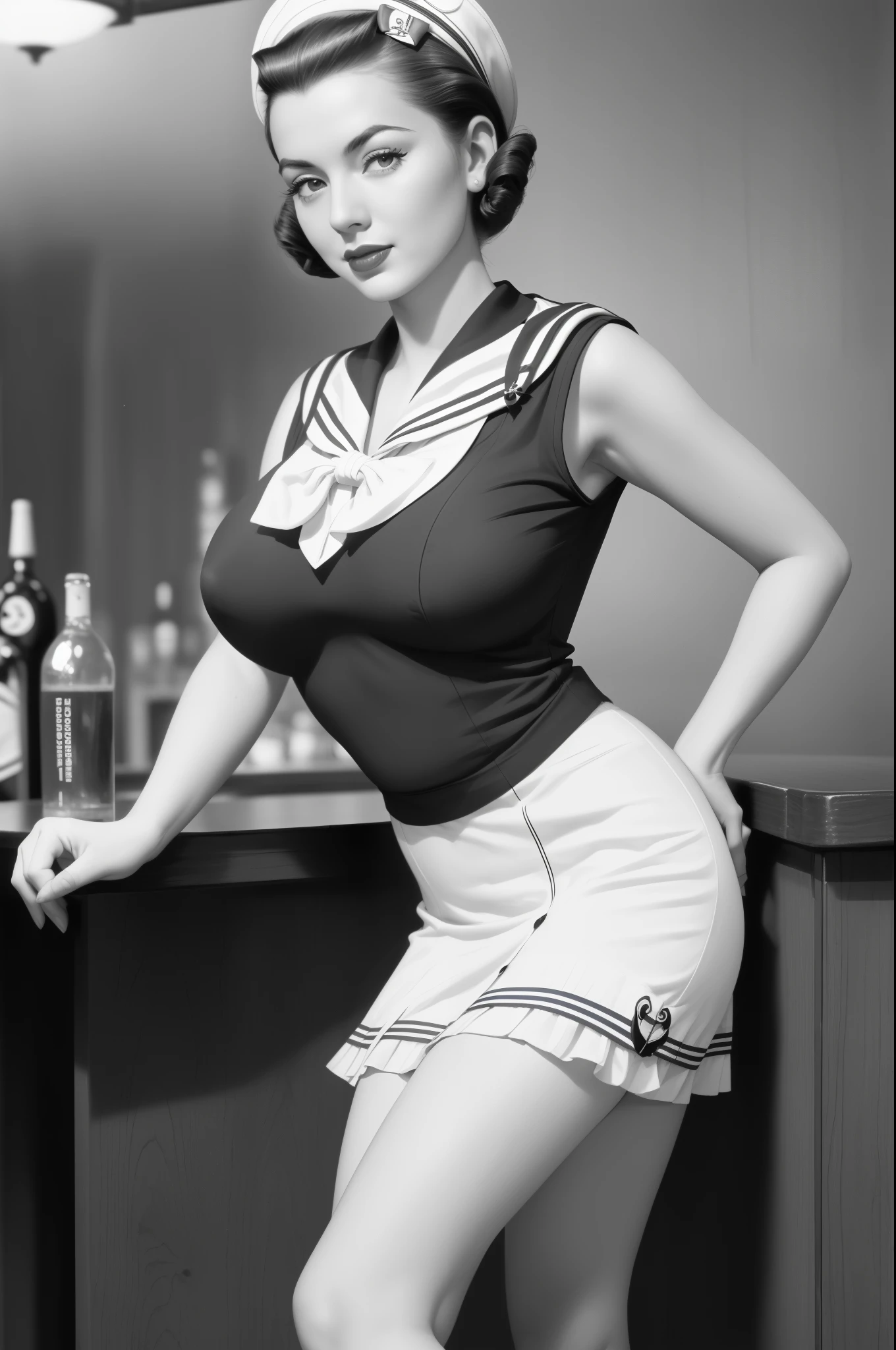 (1940 vintage black and white photograph:1.2), full body portrait of Betty (styled in a (1940's Sailor Dress:1.5), (highly detailed:1.3):1.3), (highly detailed face:1.8), (1940's Pompadour Hairstyle:1.3), (slim body, (large breasts:1.3), small hips:1.5), (leaning back on the bar:1.5), (background sidewalk downtown New York City 1940:1.4), (soft studio lighting, volumetric shadows), JCH Street Pan, ISO 100