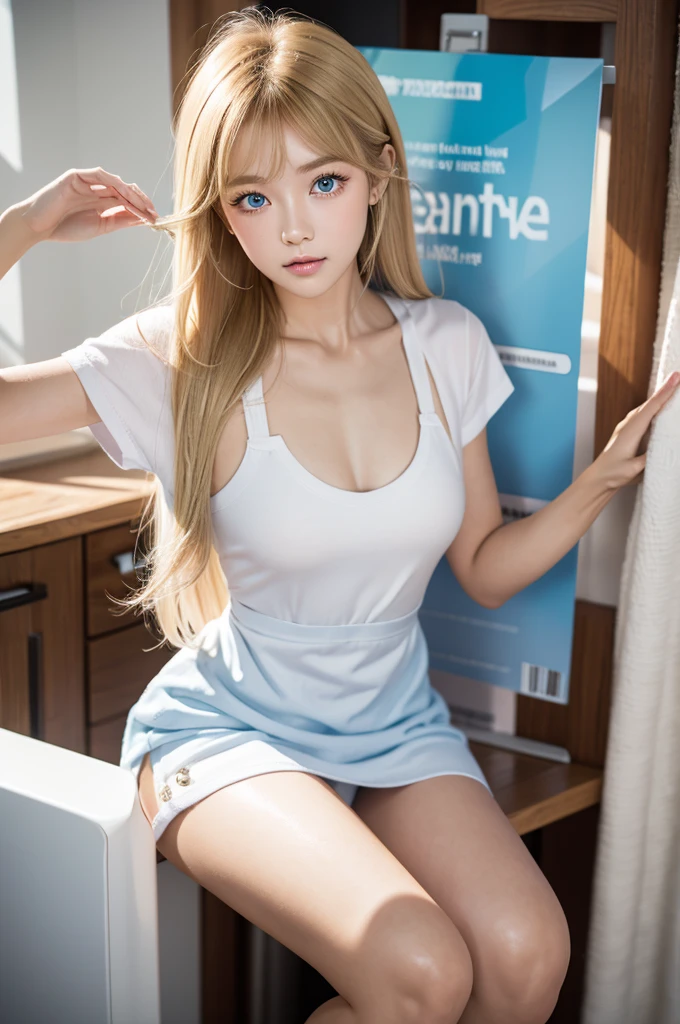 bright look、photorealism、highest quality、Super high resolution、reality、The most beautiful Nordic girls photos、cute and beautiful face details、small face、asymmetrical bangs、、super long hair、Charming blonde、shortcut、Charming shining beautiful bright clear light blue big eyes、、eyeliner、double eyelid、big breasts、apron dress、gravure