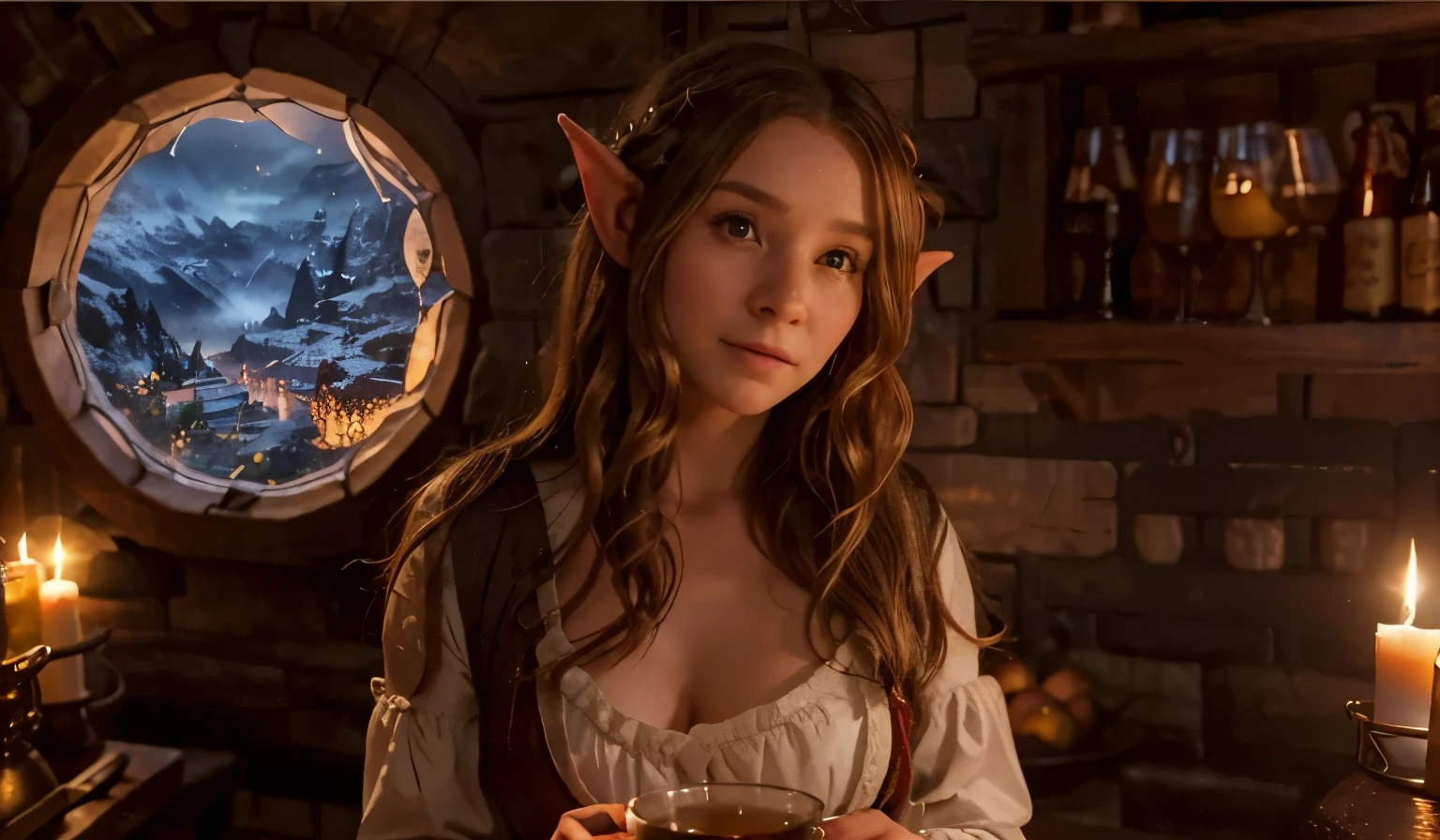 theres a jinger hobbit elf girl in a hobbit tavern, rounded hobbit window, snowny day, a city could be seen trough the window, in tavern theres are candles and shelfs with glass, the elf girl is holding a large beer mug ( REFINE IT, DO IT MUCH DETAILED, BETTER)