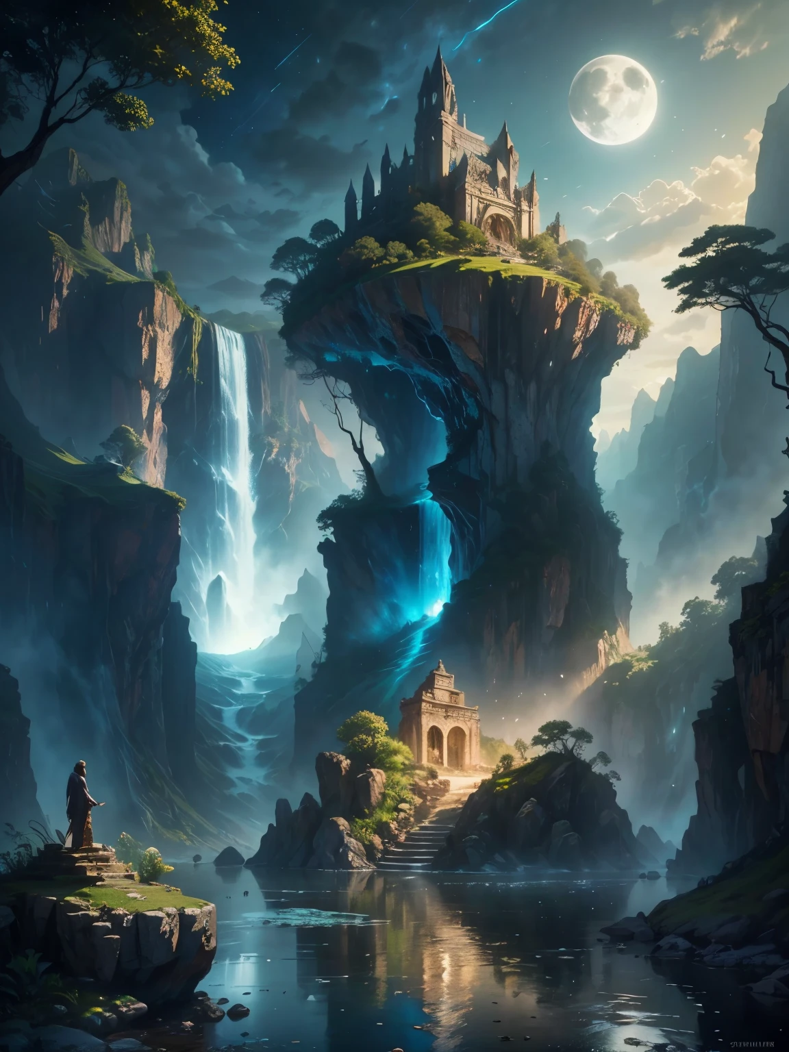 there is a large waterfall in the middle of a mountain, ancient city, epic matte painting of an island, the lost city of atlantis, an aztec city in a island lake, ancient city landscape, lost city of atlantis, marc simonetti. intricate, beautiful concept art, stunning concept art, highly realistic concept art, art style of marc simonetti, (((masterpiece))), best quality, high quality, extremely detailed CG unity 8k wallpaper, scenery, outdoors, sky, cloud, no people, mountain, landscape, water, tree, blue sky, waterfall, cliff, nature, lake, river, cloudy sky,award winning photography, Bokeh, Depth of Field, HDR, bloom, Chromatic Aberration ,Photorealistic,extremely detailed, trending on artstation, trending on CGsociety, Intricate, High Detail, dramatic, art by midjourney, tall waterfall, painting of a river with rocks and trees in the foreground, near a river, landscape, jungle, waterfall, crystal clear water, night light,((full moon)), colorful, river with rocks, rock bridge, epic, fantasy, ((roses and flowers on the banks of the pond)), ((oil painting)), moon landscape reflected in river, ((rock bridge))