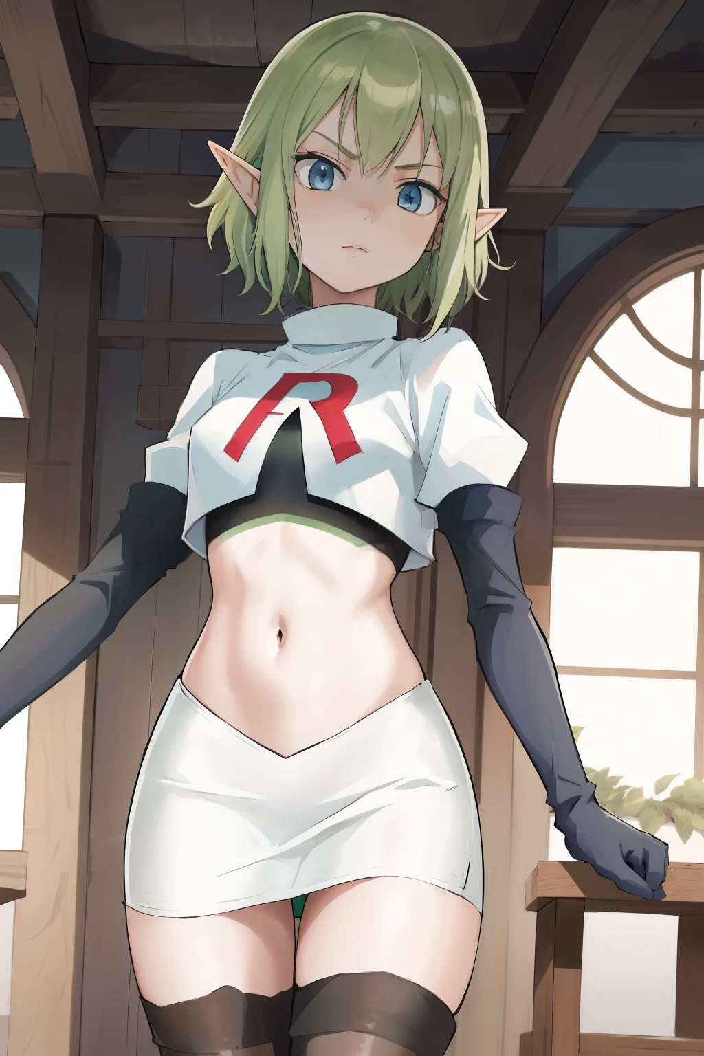 masterpiece,best quality,anime,2d,detailed face,
1girl, solo, pointy ears, blue eyes,green hair, looking at viewer, short hair, indoors, elf,medium breasts, team rocket,team rocket uniform, red letter R, white skirt,white crop top,black thigh-highs,black elbow gloves