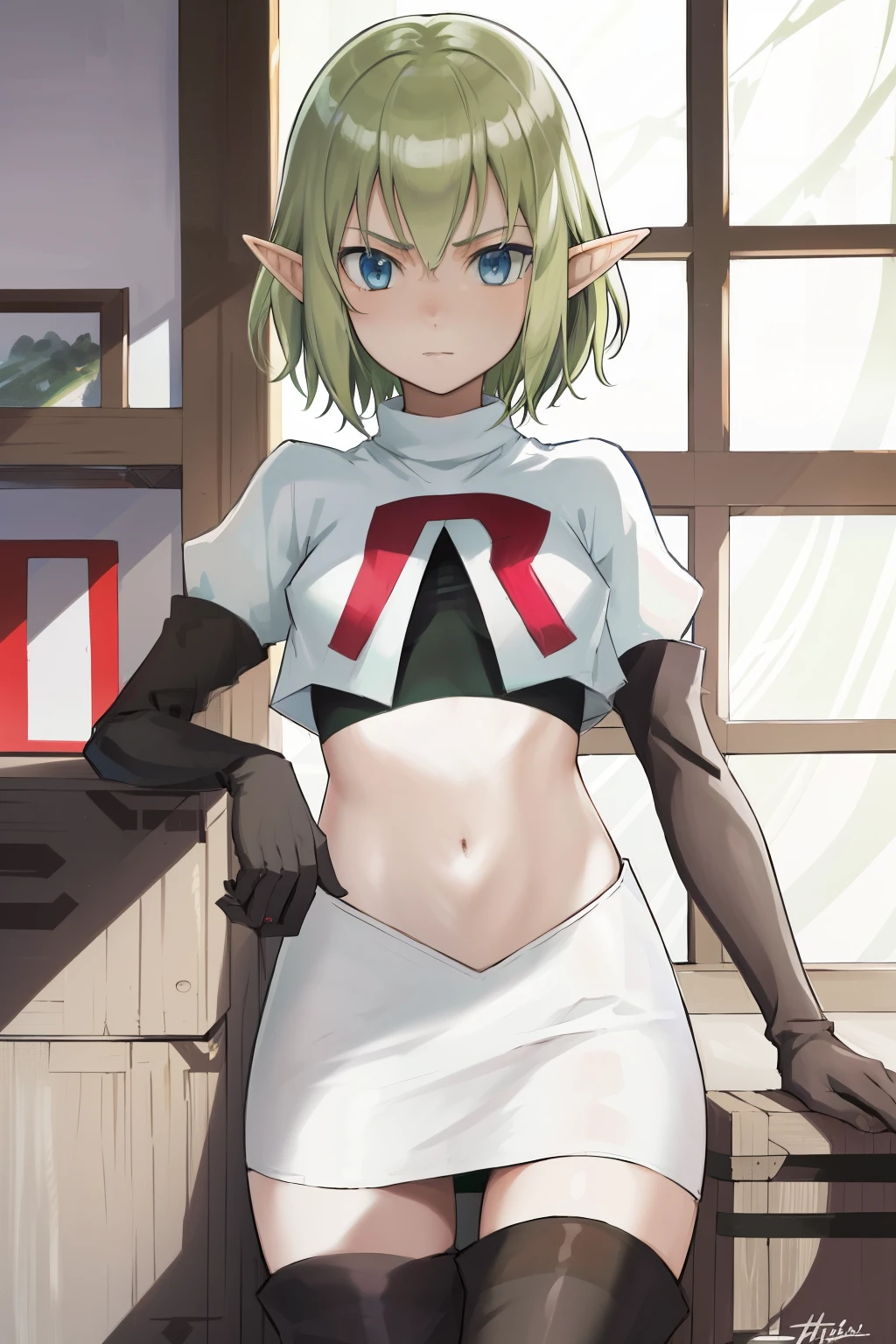 masterpiece,best quality,anime,2d,detailed face,
1girl, solo, pointy ears, blue eyes,green hair, looking at viewer, short hair, indoors, elf,medium breasts, team rocket,team rocket uniform, red letter R, white skirt,white crop top,black thigh-highs,black elbow gloves