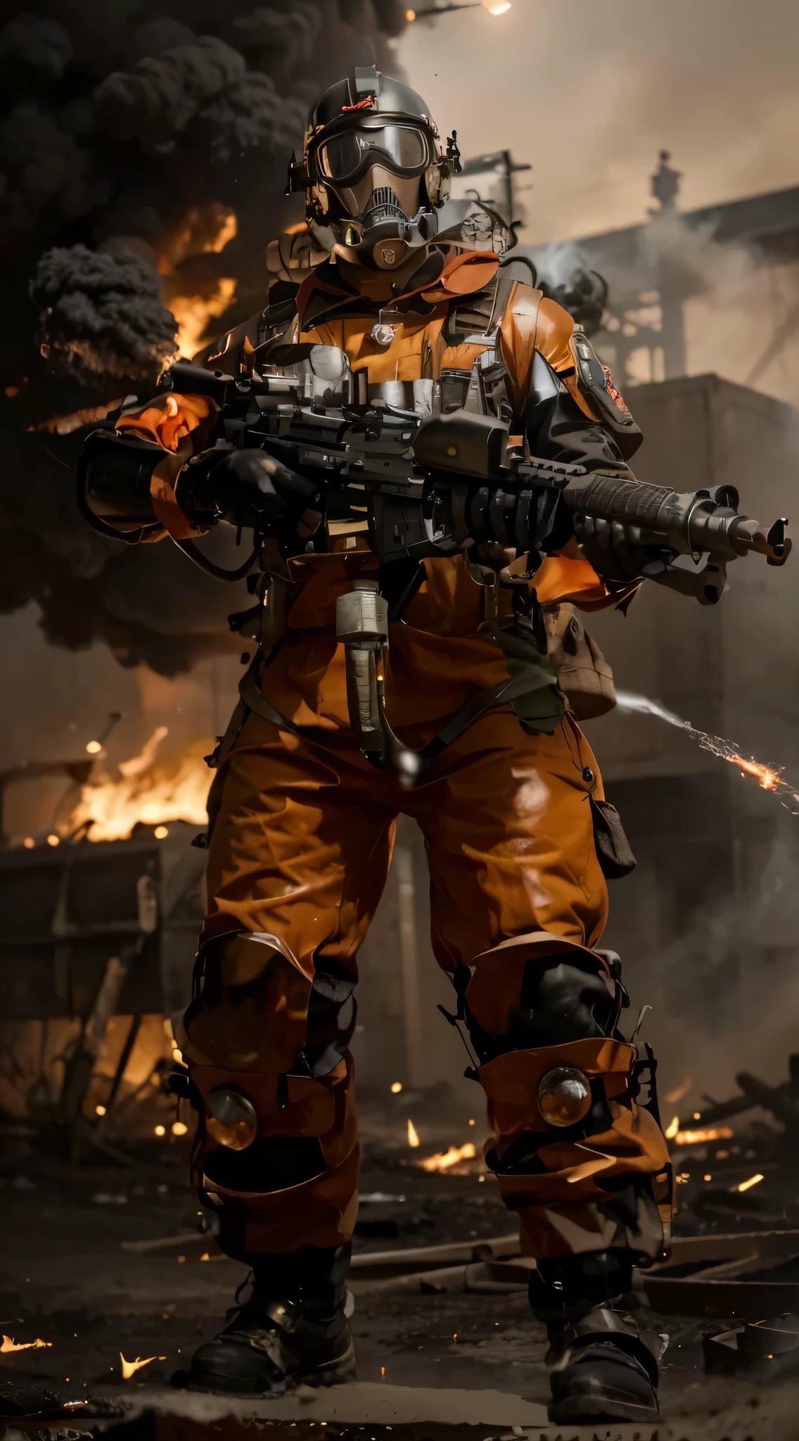 Soldado masculino, iron metal mask with circular lenses, casco de metal naranja, WWII German style general orange uniform, hombreras de hierro de metal naranja, armadura de pecho de metal avanzada moderna, tubos, Belt with ammunition, botas militares negras, Rodilleras de metal, guantes de cuero negro , lleva un lanzallamas, lleva tanques de metal en la espalda, metal tubes and harnesses, is on a battlefield, Luz de noche, mucho fuego y humo, ultra detallado, hyper Realista, 4k, ultra detallado image, Realista, muy detallado, perfect composition, gorgeous, Intrincadamente detallado, incredibly detailed, 8 k artistic photography, hiper detallado, obra maestra, ultra detallado, hyper Realista, 4k, ultra detallado image, Realista, muy detallado, perfect composition, gorgeous, Intrincadamente detallado, incredibly detailed, 8 k artistic photography , hiper detallado, obra maestra