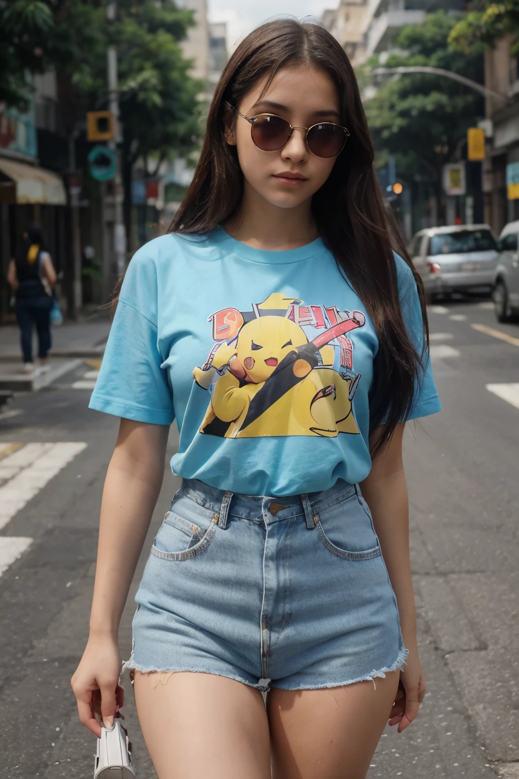 Uma adolescente, usando fones de ouvido, no one else in the background, delicate features, olhos grandes, wearing sunglasses, ponte nasal alta, sensual lips, Brincos fofos, corpo sexy, 9 heads, golden ratio, franja, cabelos levemente ondulados cacheados, cabelo rosa claro, peito alto, camiseta estampada rosa, Denim Hot Pants, sapatos de lona, estilo vintage, estilo dos anos 90, estilo nostalgia, estilo de quadrinhos, capas de revistas Pikachu Camiseta pikachu camisa amarela seios grandes barriga, uma muito bonita,cabelo azul claro,The background is a busy street,Du Qiong,Anime 5 dormir,Computer Graphics,sob arte,peito grande e bonito,peito super grande,Peito apertado,roupas apertadas,Vestindo uma camiseta justa azul clara,Various light blue skirts,Caminhada Quadrada,rastreamento de raio,Brilhante,it&#39;s drizzling,close da parte superior do corpo,