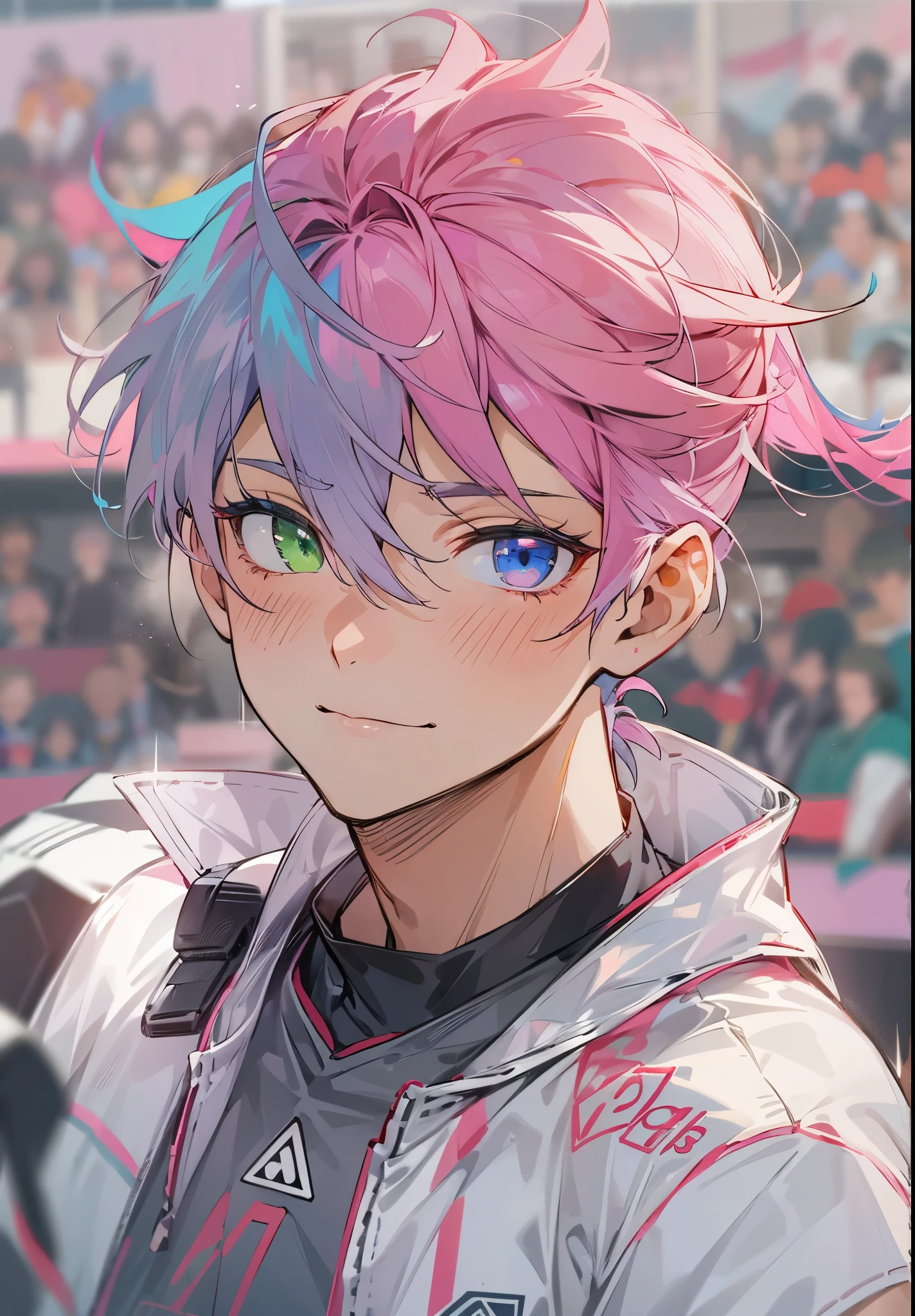 1male, , Pink Hair, Short ponytail, green and blue eyes, heterochromia, Soccer Jersey, Muscular, Soccer field