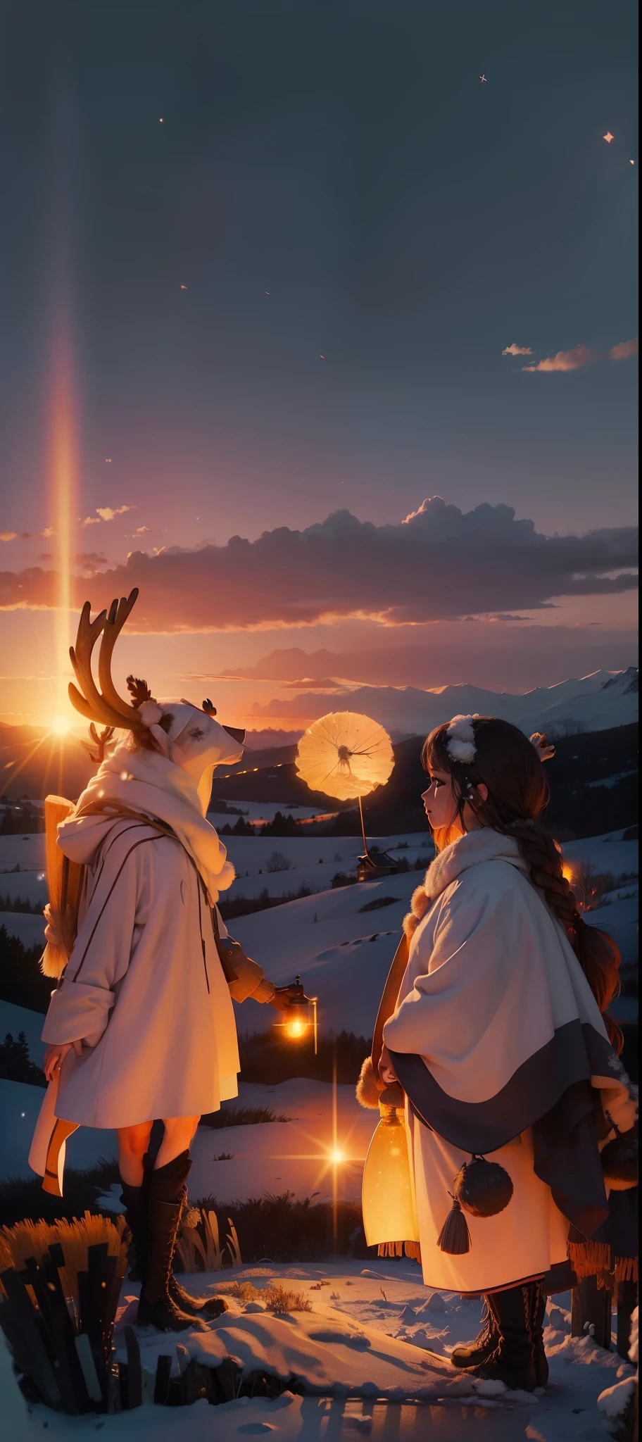 field、sunset sky、woman with antlers、snow girl、You can see the feel of the brush、Studio Guibli、Guibli、sultry、look at each other、landscape、style、The lights sparkle