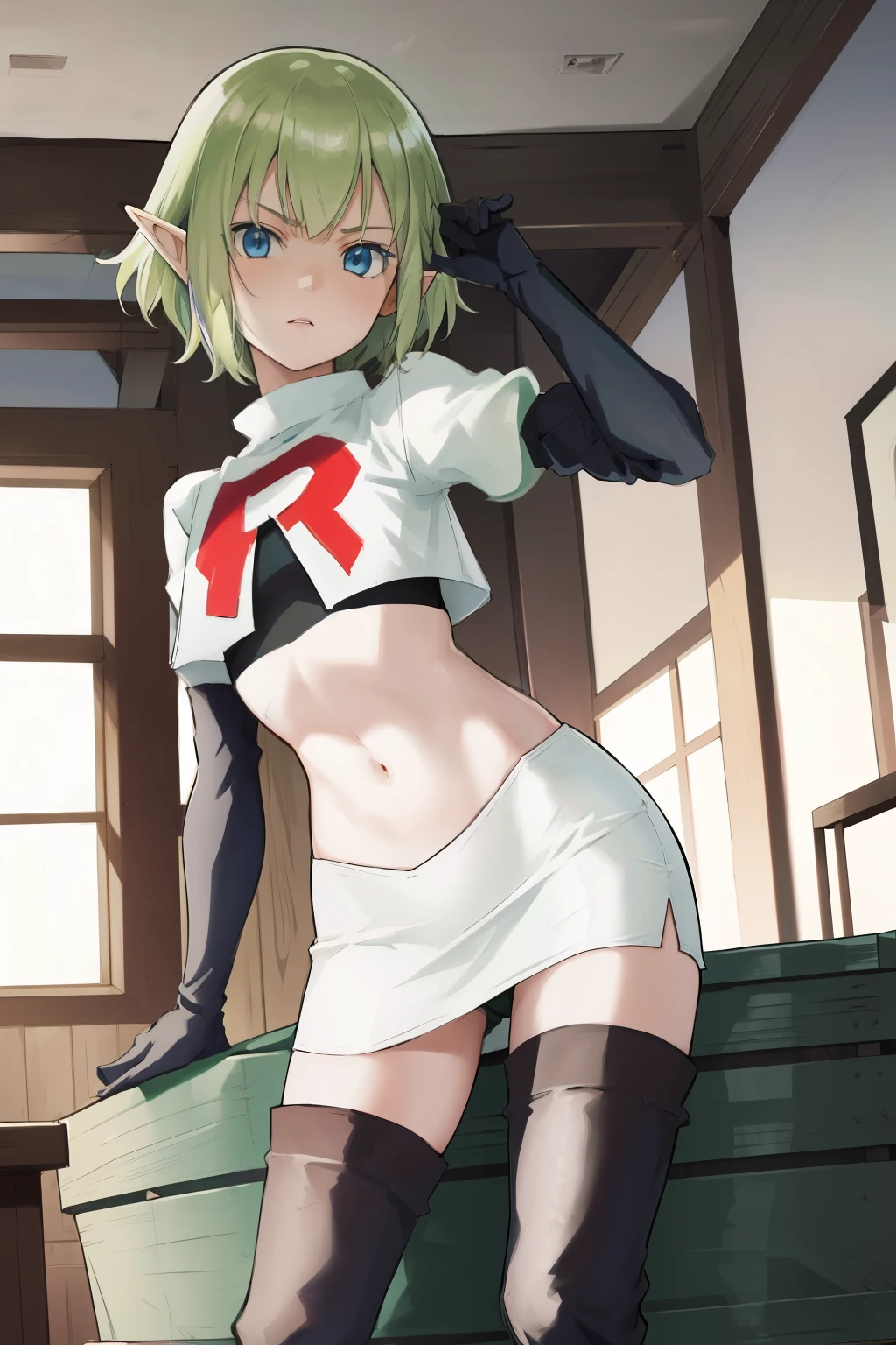 masterpiece,best quality,anime,2d,detailed face,
1girl, solo, pointy ears, blue eyes,green hair, looking at viewer, short hair, indoors, elf,medium breasts, team rocket,team rocket uniform, red letter R, white skirt,white crop top,black thigh-highs,black elbow gloves