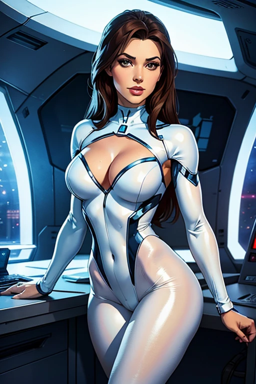 Best quality, 8K, vivid color, woman retro futurism, static pose, looking to observer, brown hair, long eyelashes, ALL WHITE shiny leotard, cleavage, metalic details, light WHITE pantyhose, neutral sci-fi scenario