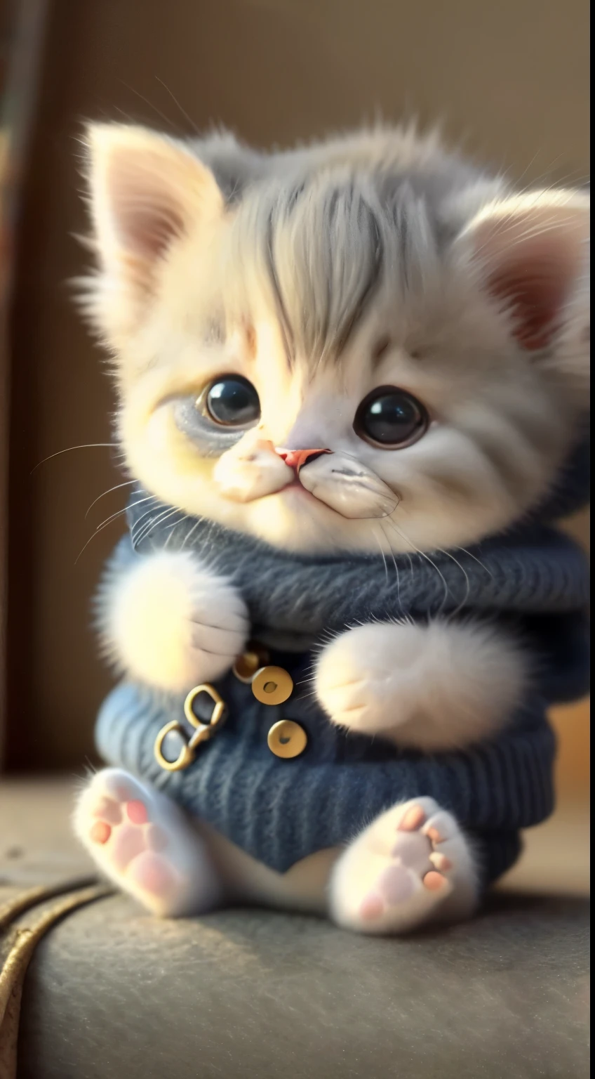 kitten in clothes， detailed paws、Cute Paw、miniature kitten， Animal focus， bearded， realistic， POV Hand， ambiguous background，smile，interesting、