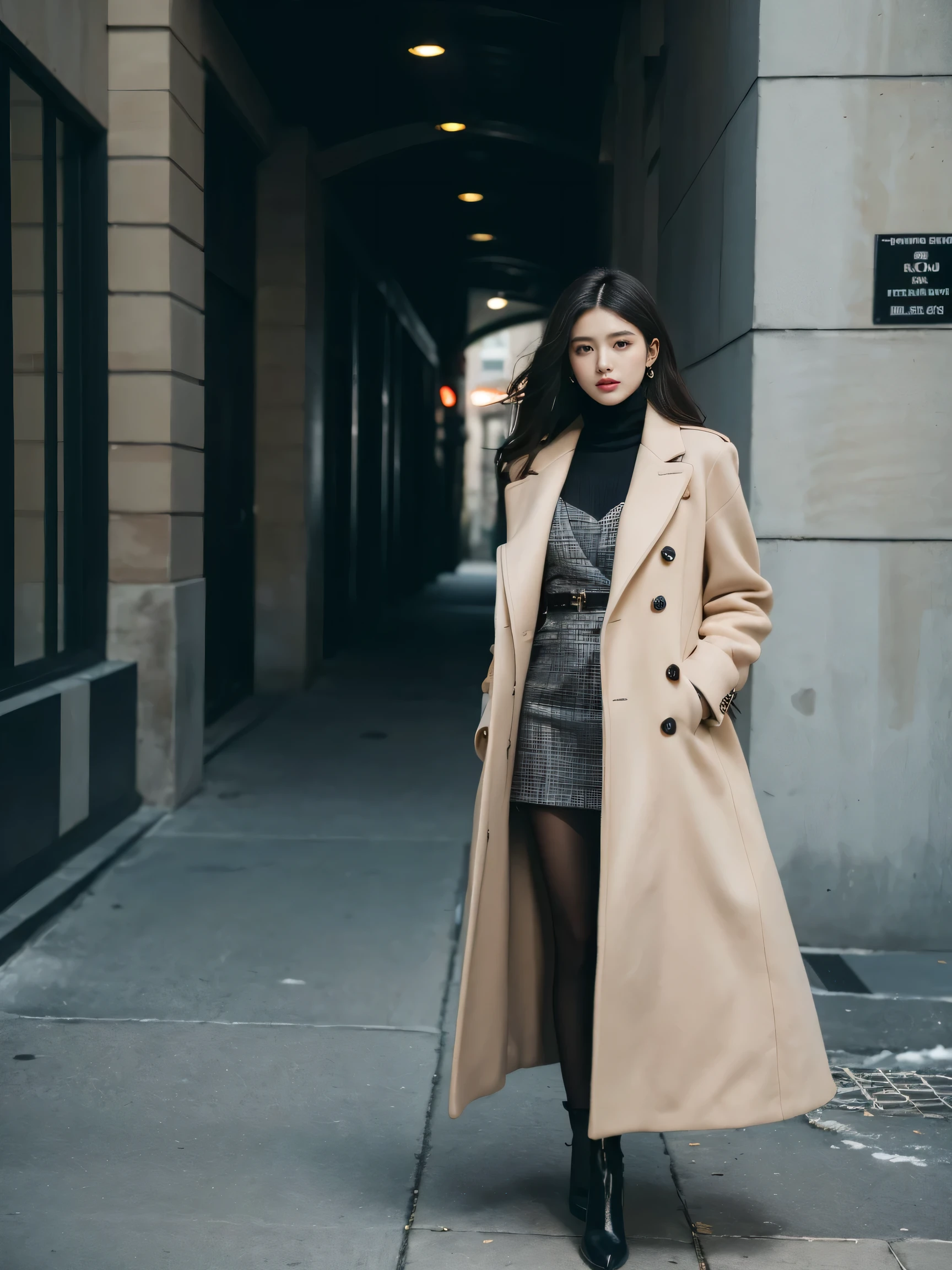 best quality,masterpiece,ultra high resolution,(actual:1.4),original photo,ultra high definition,8K,there is a girl,Chanel style dress,suit,Fashion,long coat,Winter,Confident and beautiful,Gentle temperament,whole body,street,long legs