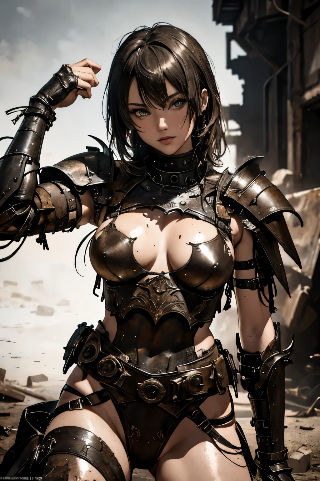 Beautiful Alluring Female Dystopian Knight Miley Cyrus, oily gritty Skin, Athletic Well Toned Body, Rusty Scrap Metal Ornaments, dirty worn out leather jacket, bikini armor made of car parts and scrap metal, Dystopianpunk Theme, Dieselpunk, laying on top of a car, Beautiful D&D Character Portrait, Beautiful Face, Ominous, Dark Fantasy, Fiverr Dnd Character, Octane Render, Digital Art, Extreme Detail, 4k, Ultra Hd, Polished, Beautiful, Hyperdetailed, Intricate, Elaborate, Meticulous, Photorealistic, Sharp Focus, Wlop, Character Design, Unreal Engine, 3d Rendered, Volumetric Lighting, Reflections, Glossy, Digital Illustration, Pose, Suggestive Pose, Full Body Shot, underboob, 💖❤💕💋❣