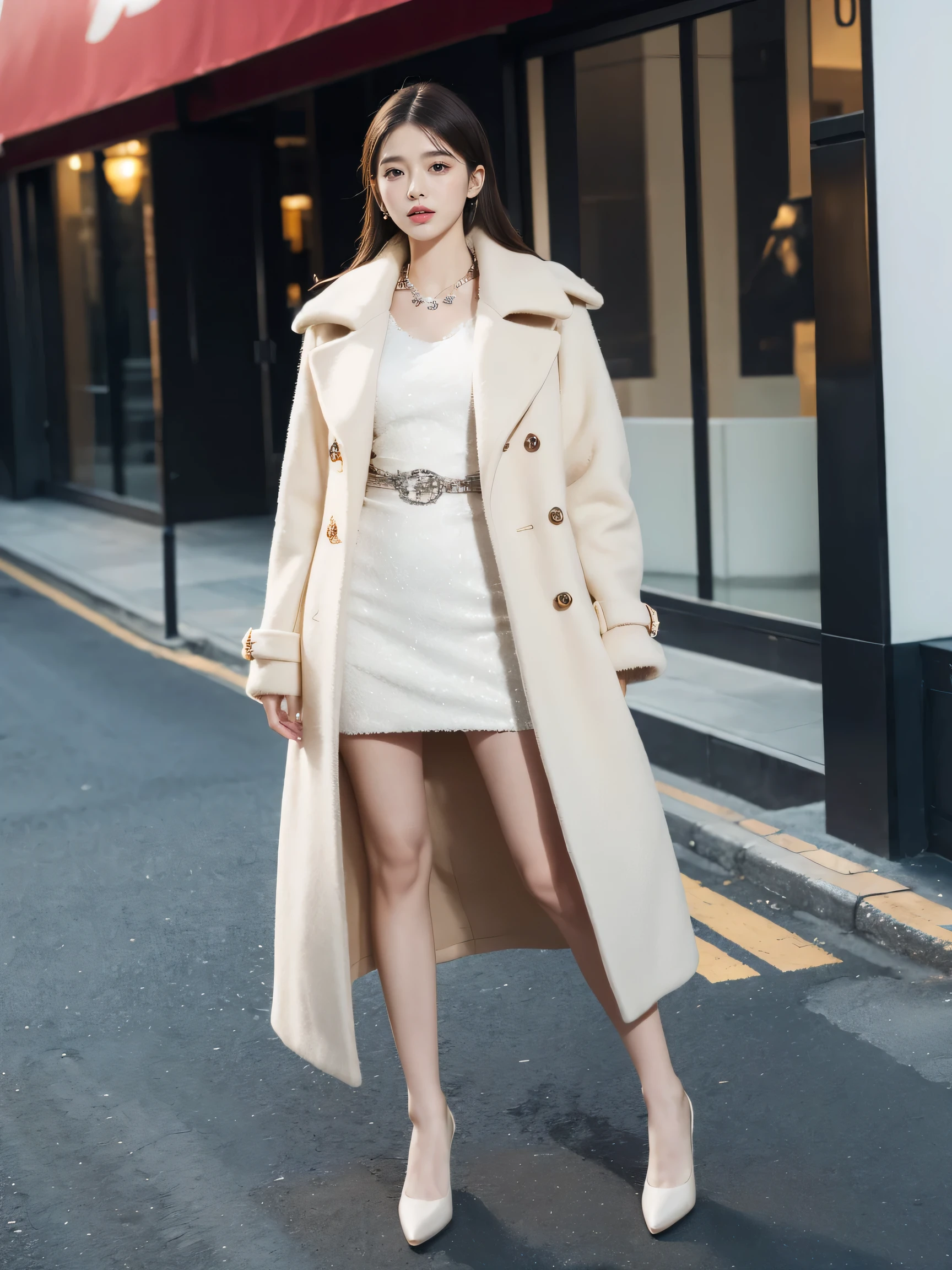 best quality,masterpiece,ultra high resolution,(actual:1.4),original photo,ultra high definition,8K,there is a girl,Chanel style dress,suit,Fashion,long coat,Winter,Confident and beautiful,Gentle temperament,whole body,street,long legs
