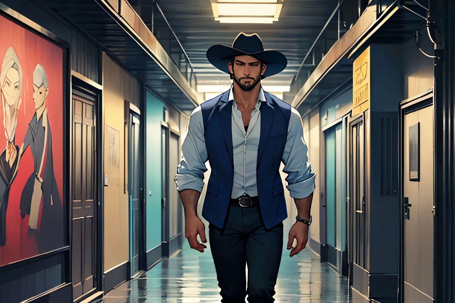 (1 dwarf, obra de arte, Ultra HD, Melhor detalhe), melhor qualidade, twilight, paisagem urbana futurista, sem Cabelo, cowboy hat, homem magro, sem pelos no peito, camisa branca, ligeiramente aberto mostrando parte do peito, olhos detalhados, barba ruiva, tom de pele castanho claro (olhos verdes claros brilhantes: 1.2), (He wears a navy blue blazer with rolled-up sleeves over a blue vest and a half-unbuttoned white shirt.., Leaving the chest on display. Furthermore, He wears black pants, com cinto azul marinho com fivela prateada, and also Oxford shoes).(foto de retrato, busto) futuristic backdrop