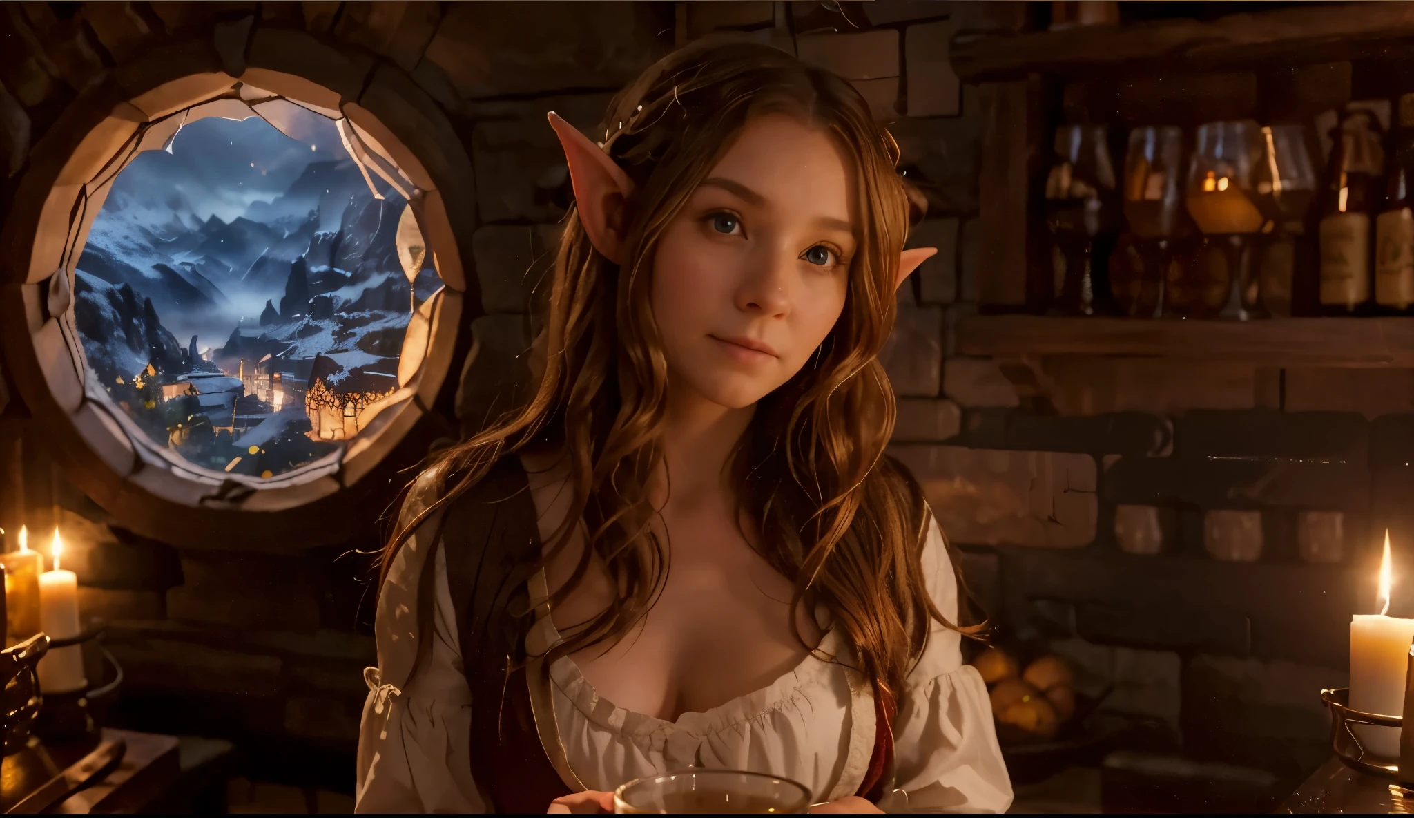 theres a jinger hobbit elf girl in a hobbit tavern, rounded hobbit window, snowny day, a city could be seen trough the window, in tavern theres are candles and shelfs with glass, the elf girl is holding a large beer mug ( REFINE IT, DO IT MUCH DETAILED, BETTER)