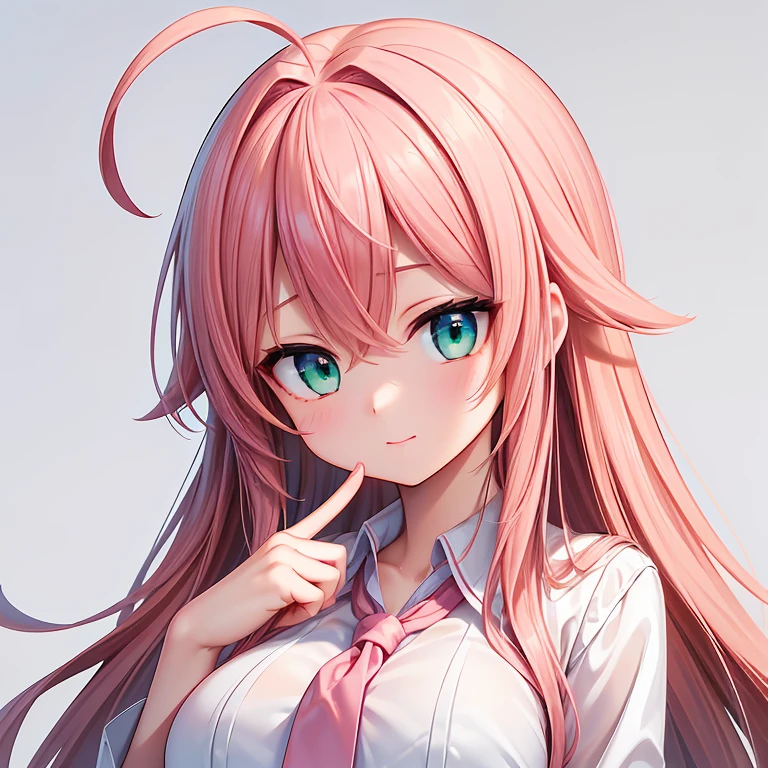 (masterpiece,best quality,detailed,8k,High resolution,hires:1.3),realistic,(centered around the face:1.4),(distance view:1.4),(head to chest),(gray background),light,1girl,(solo),Japanese girl,16yo,colossal breasts,ultra cute girl,bloom,glowing,detailed face and eyes,very pretty face,(green eyes),big eyes,tareme,(ahoge),bangs,pink hair,long hair,curly hair,white shirt,navy blue tie,(detailed hand and finger,better hand,perfect hand and finger),random facial expressions,random pose,from random angle,