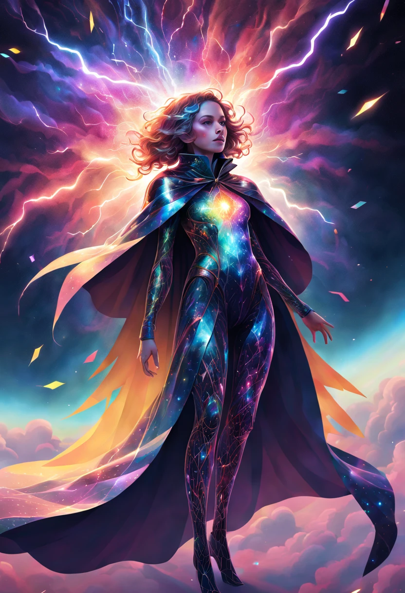 Colorful Confetti,Stunning digital illustrations, Transparent cloak-like creature, Featuring intricate patterns similar to stained glass nebulae, as it weaves in space，Countless legs crackle with cosmic lightning.