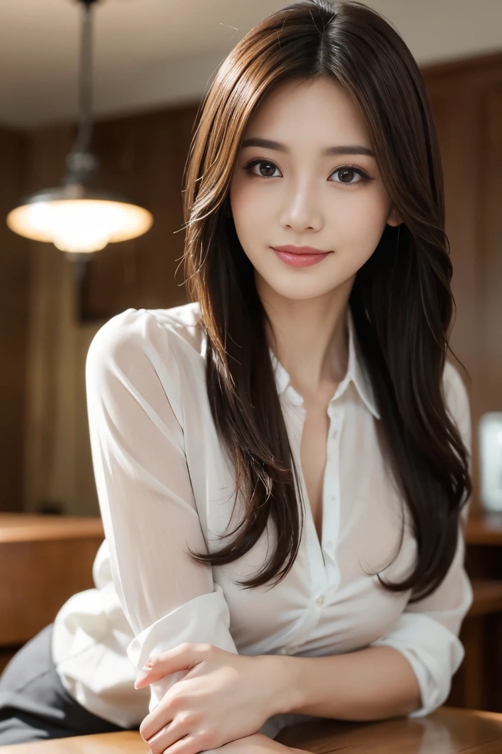 table top、highest quality、real、Super detailed、finely、High resolution、8k wallpaper、one beautiful woman、、light brown messy hair、wearing a business suit、sharp focus、perfect dynamic composition、beautiful detailed eyes、thin hair、詳細なrealな肌の質感、smile、close up portrait、model body shape