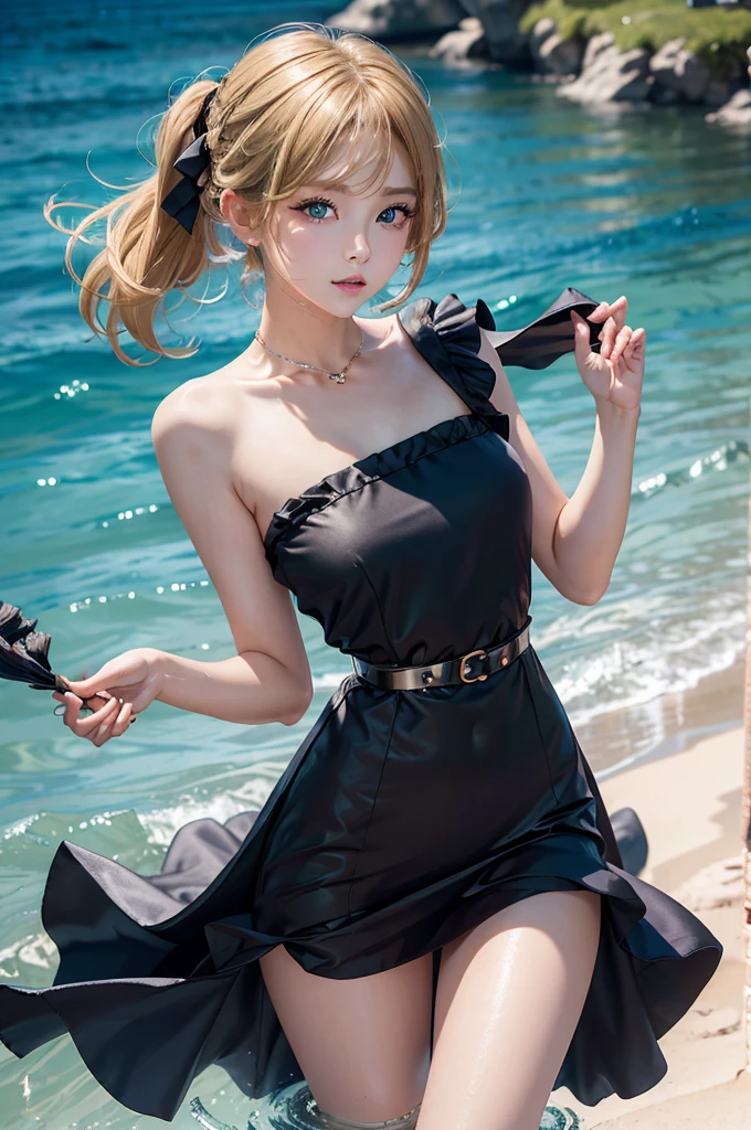 bright look、photorealism、highest quality、Super high resolution、reality、The most beautiful Nordic girls photos、cute and beautiful face details、small face、asymmetrical bangs、17 years old、Charming blonde、shortcut、Charming shining beautiful bright clear light blue big eyes、sexy、big breasts、Slender、small of the waist、eyeliner sleeveless、double eyelid、big breasts、beautiful shoulders、Idol、Black ruffled dress、belt、hair band