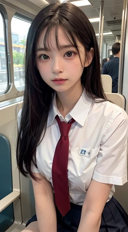 (masterpiece, highest quality:1.2), 8K, 15 years old, 85mm, official art, RAW photo, absurd, white dress shirt, cute face, close, Upper body, violaces, gardenia, beautiful girl, school uniform, (navy pleated skirt:1.1), constricted waist, thighs, short sleeve, in the train, Sit on a bench seat, view viewer, no makeup, (smile:0.4), film grain, color difference, sharp focus, face light, clear lighting, teen uncensored, detailed face, background bokeh, (dark red tie:1.1)、（I can see my underwear）