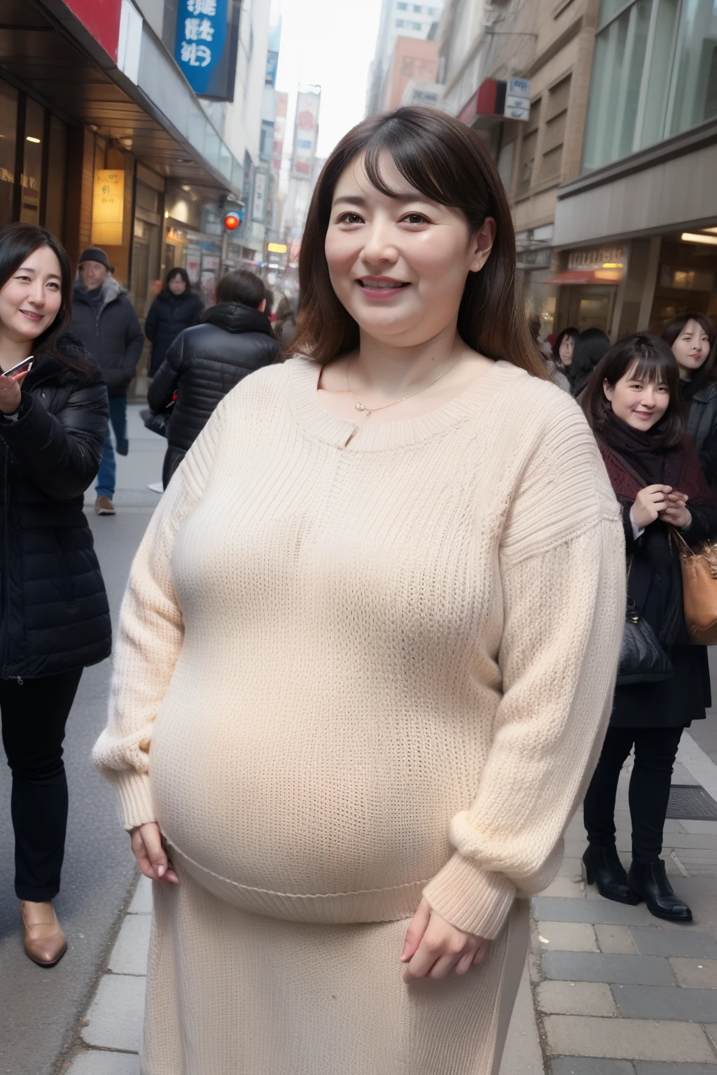 45 years old、fat ugly woman、big belly、knit、in the street、(Super high quality)((highest quality))