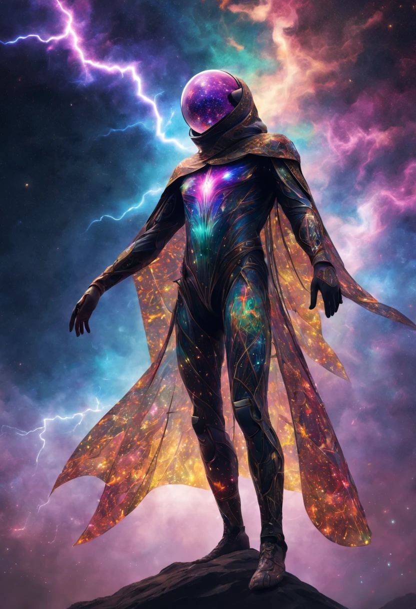 Colorful Confetti,Stunning digital illustrations, Transparent cloak-like creature, Featuring intricate patterns similar to stained glass nebulae, as it weaves in space,Countless legs crackle with cosmic lightning.
