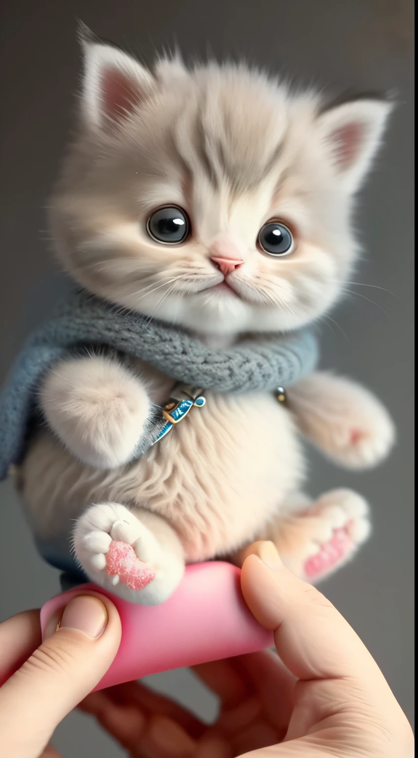 kitten in clothes， detailed paws、Cute Paw、miniature kitten， Animal focus， bearded， realistic， POV Hand， ambiguous background，smile，interesting、