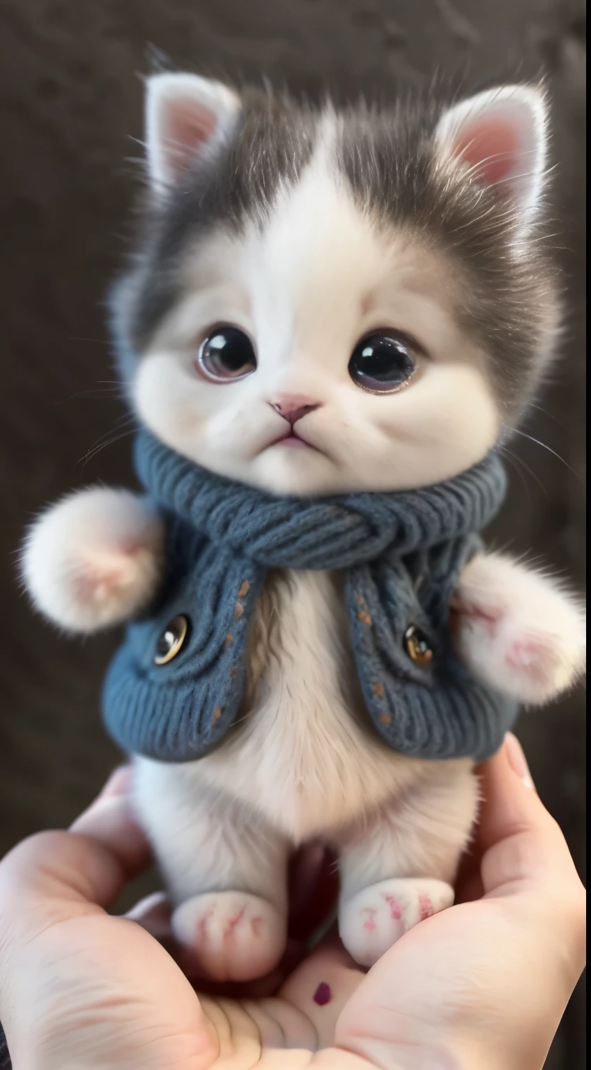 kitten in clothes, detailed paws、Cute Paw、miniature kitten, Animal focus, bearded, realistic, POV Hand, ambiguous background,smile,interesting、