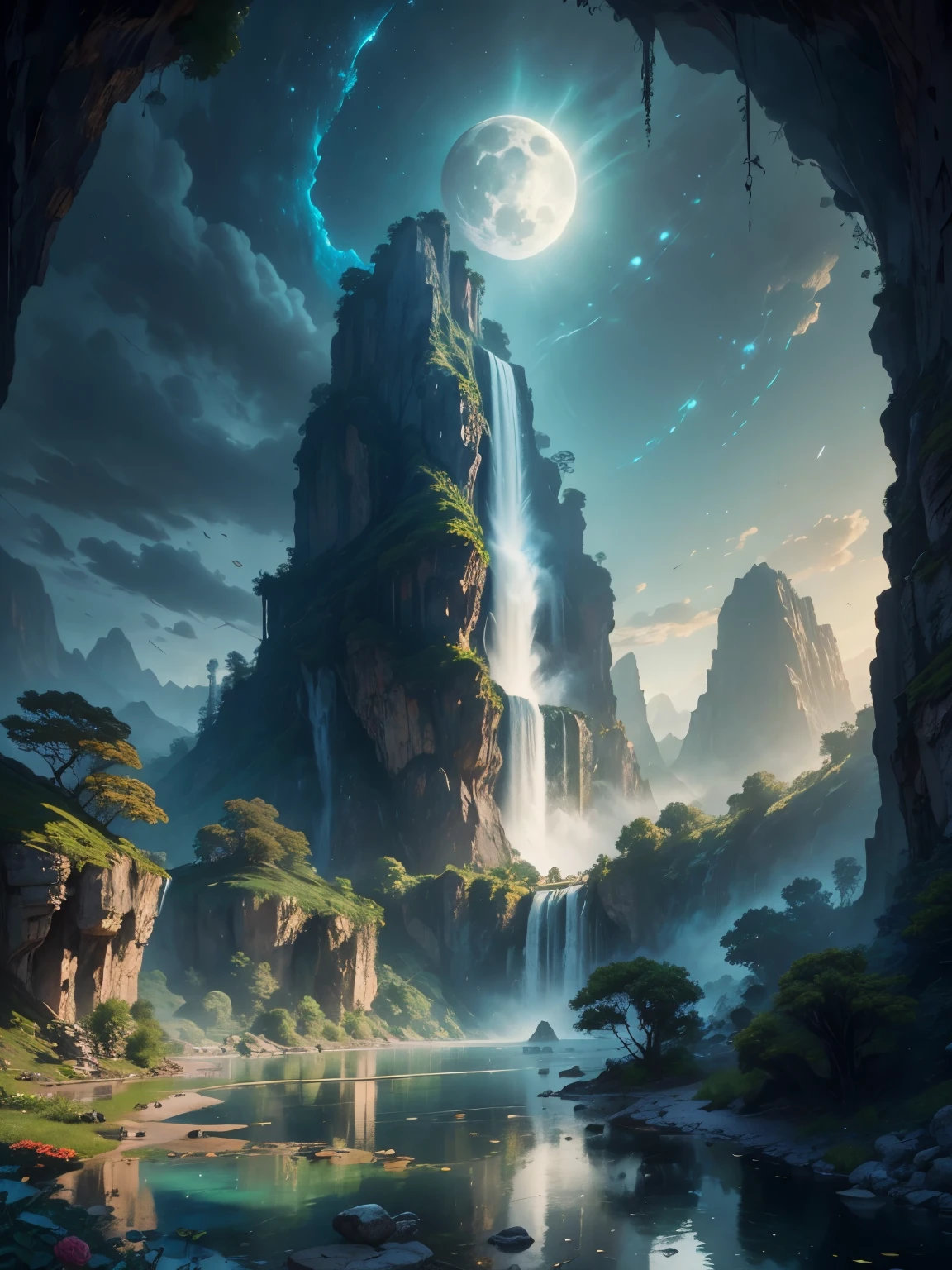 there is a large waterfall in the middle of a mountain, ancient city, epic matte painting of an island, the lost city of atlantis, an aztec city in a island lake, ancient city landscape, lost city of atlantis, marc simonetti. intricate, beautiful concept art, stunning concept art, highly realistic concept art, art style of marc simonetti, (((masterpiece))), best quality, high quality, extremely detailed CG unity 8k wallpaper, scenery, outdoors, sky, cloud, no people, mountain, landscape, water, tree, blue sky, waterfall, cliff, nature, lake, river, cloudy sky,award winning photography, Bokeh, Depth of Field, HDR, bloom, Chromatic Aberration ,Photorealistic,extremely detailed, trending on artstation, trending on CGsociety, Intricate, High Detail, dramatic, art by midjourney, tall waterfall, painting of a river with rocks and trees in the foreground, near a river, landscape, jungle, waterfall, crystal clear water, night light,((full moon)), colorful, river with rocks, rock bridge, epic, fantasy, ((roses and flowers on the banks of the pond)), ((oil painting)), moon landscape reflected in river, ((rock bridge))