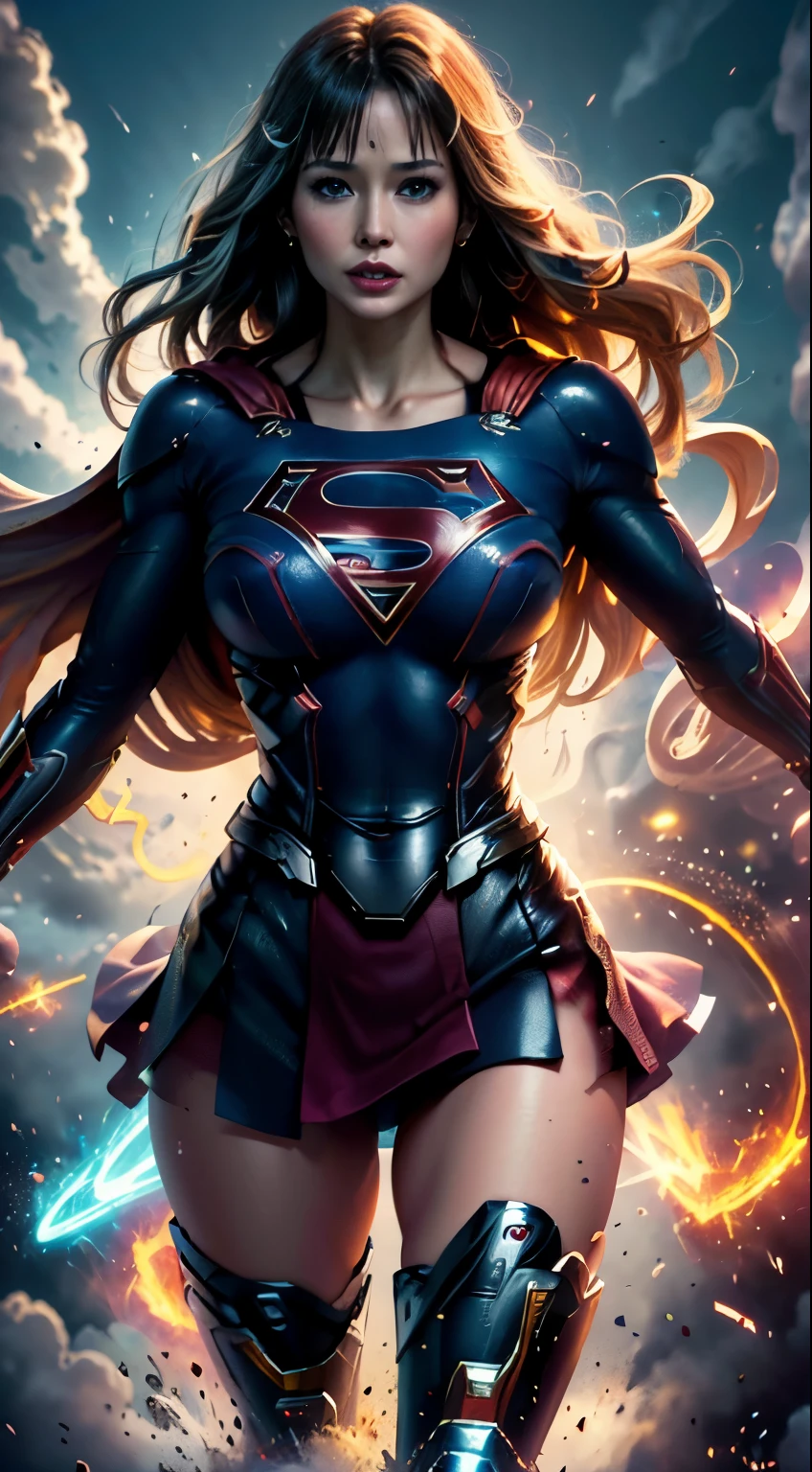 ((Mejor calidad)), ((La obra maestra )), ((Supergirl)) (muy detallado:1.3), 3D, hermoso, (ciberpunk:1.2), in espacio, (1Mecha hembra:1.3), cuerpo sexy, bright blue ojos, cuerpo completo, rubio, (volador, descendente, dynamic, Desenfoque de movimiento: 1.4), (enormes alas de mechas: 1.6), buscando, Brillante_ojos, mecha, panorama, El fondo es la tierra, Nebulosa, espacio, particles, Realidad, HDR (High dynamic range), trazado de rayos, NVIDIARTX, super resolution, irreal 5, subsurface dispersion, texturas PBR, Postprocesamiento, Anisotropic filtering, profundidad de campo, Maximum clarity and clarity, Texturas multicapa, Albedo y mapas especulares., Sombreado de superficie, Accurate simulation of the interaction between light and material., proporciones perfectas, renderizado de octanaje, Two tone lighting, Gran apertura, ISO bajo, balance de blancos, Regla de los tercios, 8K CRUDO, Efficient subpixel, sub-pixel volume product, (Mejor calidad), (Japanese: 0.5), (coreano: 0.8), (Liu Yi Fei: 1.5) pelo largo, (pecho grande: 1.2) llevar la S de Superman en el pecho. EN UN CAMPO DE BATALLA