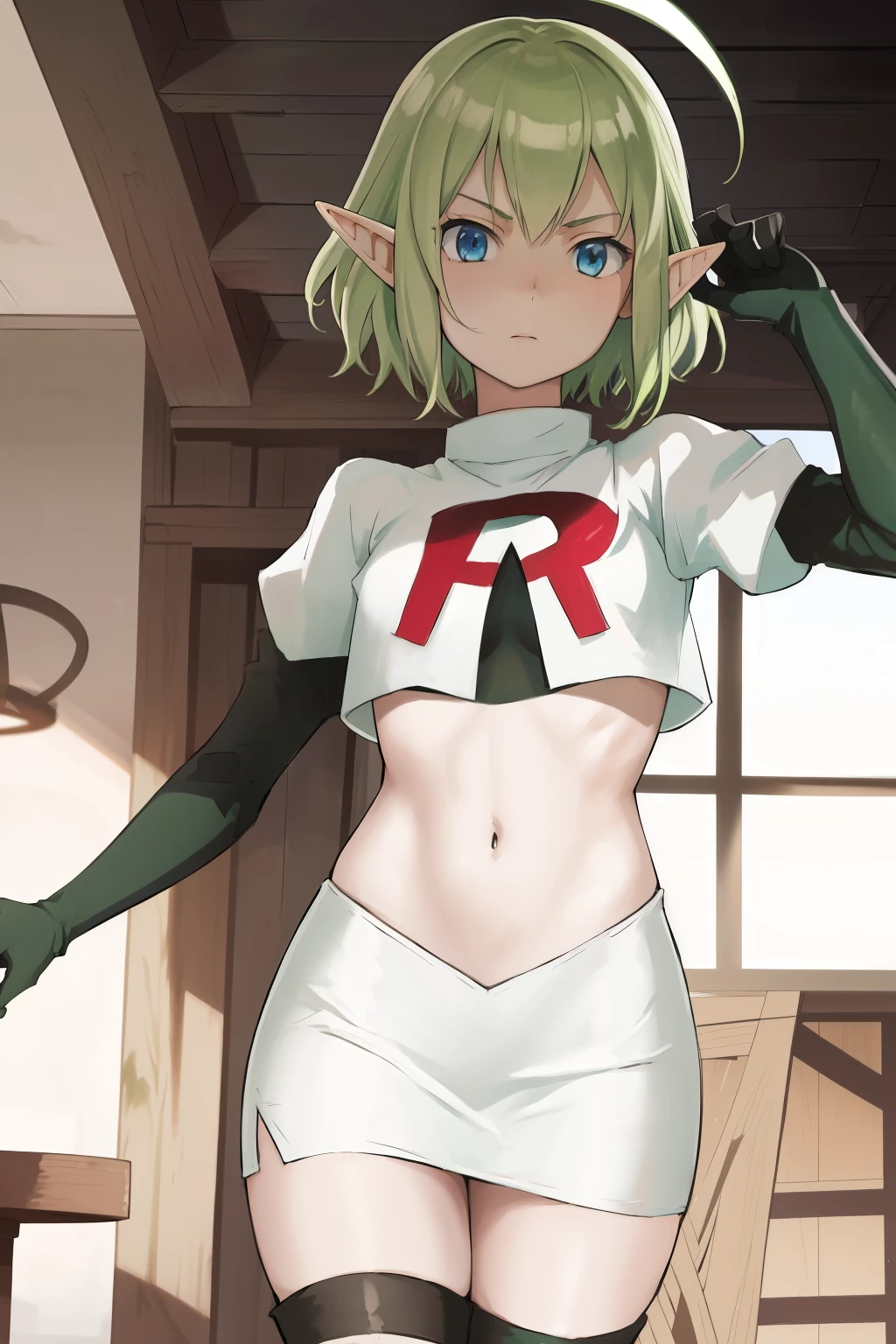masterpiece,best quality,anime,2d,detailed face,
1girl, solo, pointy ears, blue eyes,green hair, looking at viewer, short hair, indoors, elf,medium breasts, team rocket,team rocket uniform, red letter R, white skirt,white crop top,black thigh-highs,black elbow gloves