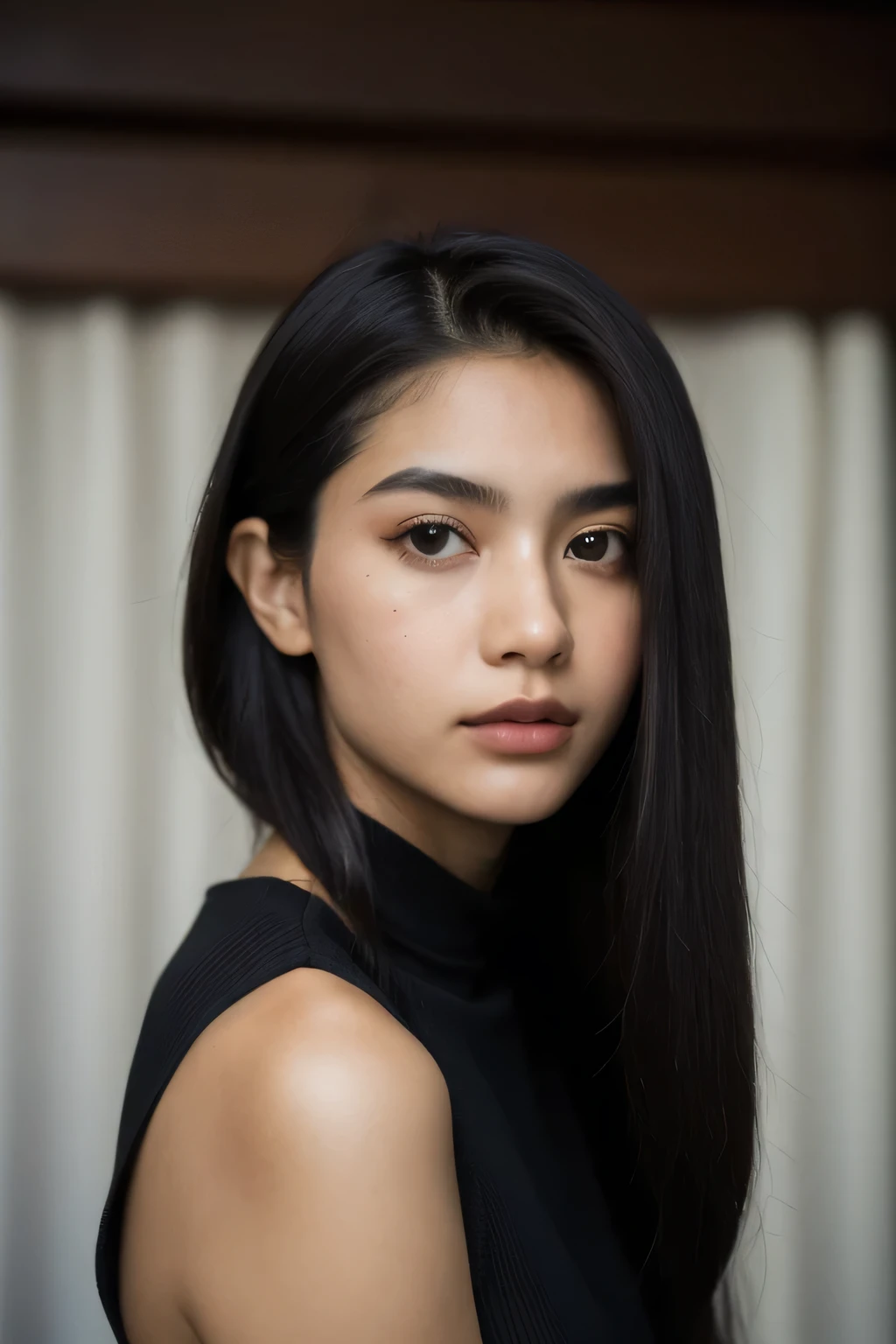 mulher , 21 anos,brasileira, Sozinha, Cabelo longo, Seios colossais, olhando para o espectador, cabelos preto, olhos claros, corpo todo, um colar,cropped, realista, 8k, premiado, foto crua, alta qualidade, Fotografia 35mm, Film grain, profissional, 4k, altamente detalhado,