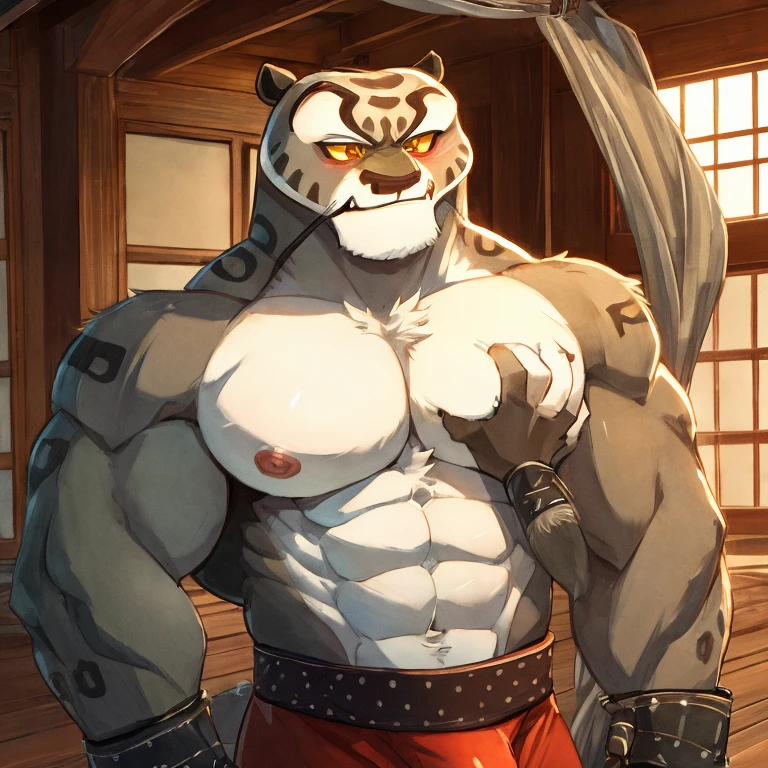 Tai_lung(kung_fu_panda), Handsome face, Handsome eyes， Strong arms，Gorgeous facial features，美丽细致的眼睛，Detailed face, detailed fur， Wide shoulders， large pecs，light on pecs,  big bicep，muscles,  Abs， upper legs，Delicate golden eyes，full body view，（tmasterpiece：1.2），（best qualtiy：1.3，Bare upper body, blue pants, bulge, smirk, Blushing,  bound, hands above head, shackles, hands tied to wooden roof beam, hand on pec,  dojo,   inside,   Daytime, nipples