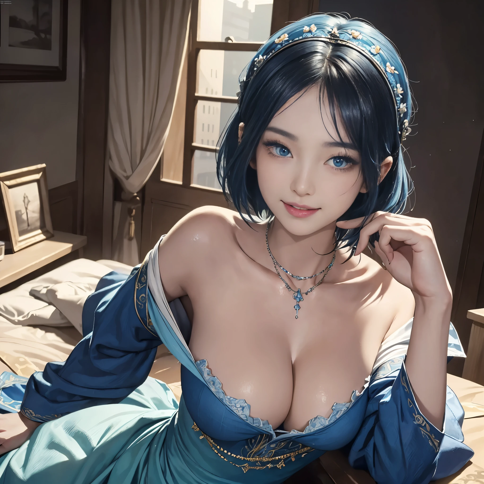 masterpiece, best quality, high quality, Very detailed CG uniform 8k wallpaper, 1 girl, alone, blue hair, tattoo, short hair, have, jewelry, Smile, necklace, looking at the audience, have, actual, open mouth, teeth, Upper body, Vest, nose, bare shoulders, artist name, black headdress, clavicle, arm tattoo, blue eyes, lips, Vague, painting, Award-winning photography, Bokeh, depth of field, human development report, bloom, Color difference, realism, Very detailed, artstation intricate, high detail, dramatic, midway art, (Silk dress、long skirt)(Off the shoulders), (超realism)、(Enlightenment)、(high resolution)、(8k)、(内容Very detailed)、(Best Illustration)、(Beautiful and delicate eyes)、(big breasts)、(Super detailed)、(masterpiece)、(wallpaper)