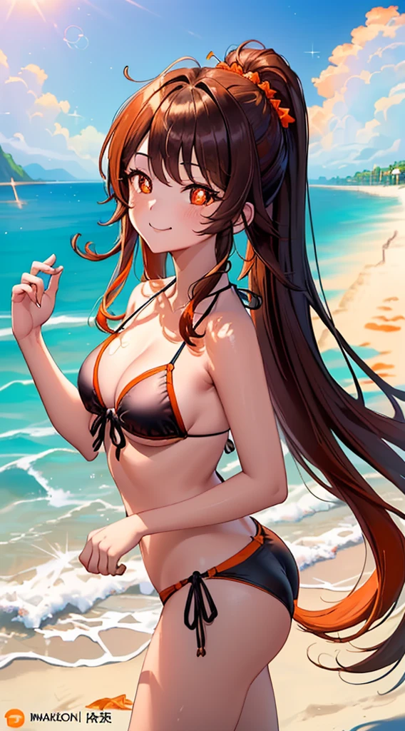 (masterpiece, top quality, best quality, official art, beautiful and aesthetic, picture-perfect:1.4), (looking at viewer, cowboy shot:1), 1girl, solo, Hu Tao, hutaodef, (brown hair, bangs, long hair:1.2), (orange eyes, shining orange eyes, symbol-shaped pupils:1.3), (smile, closed mouth:1.2), (black bikini, beach:1.4),