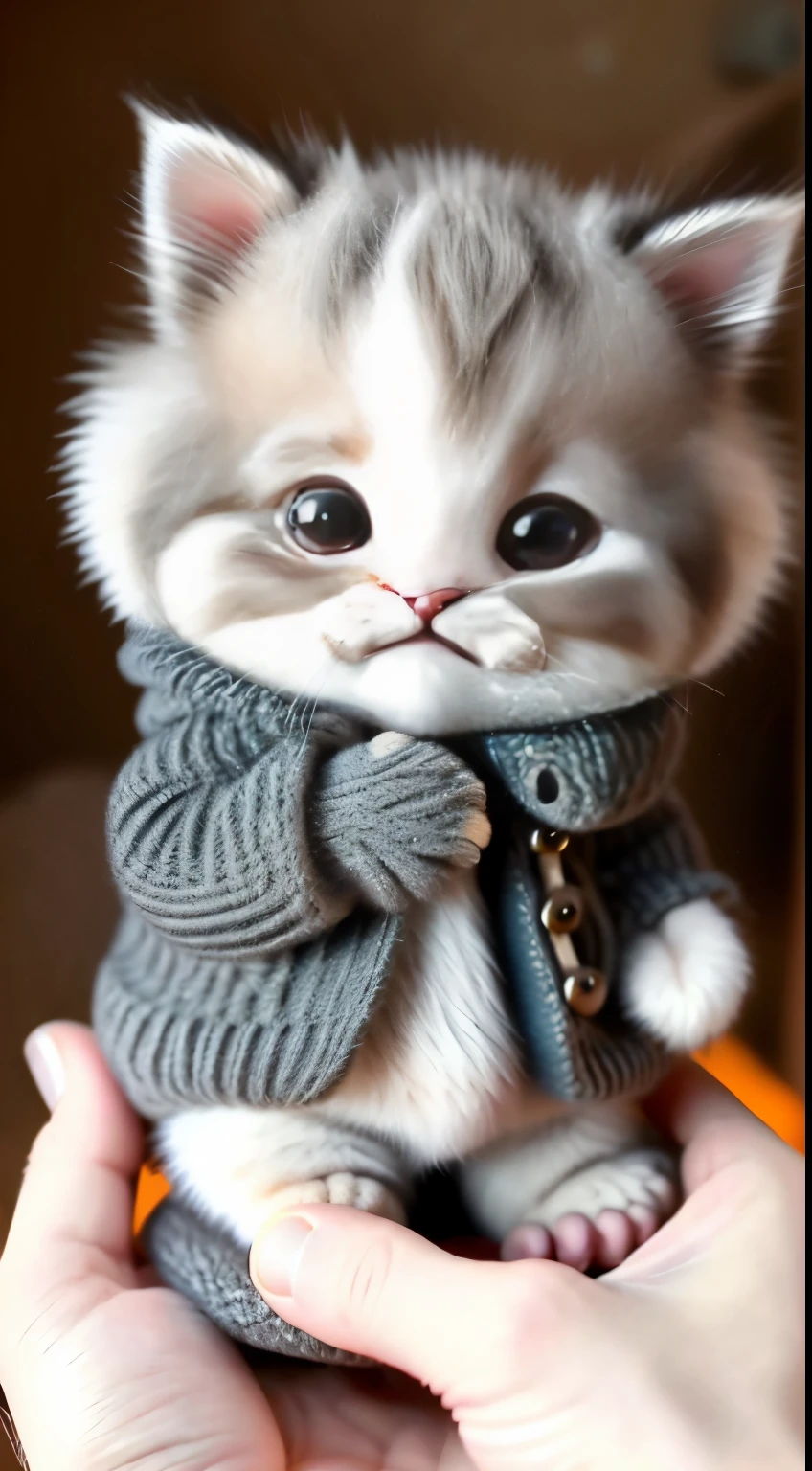 kitten in clothes， detailed paws、Cute Paw、miniature kitten， Animal focus， bearded， realistic， POV Hand， ambiguous background，smile，interesting、