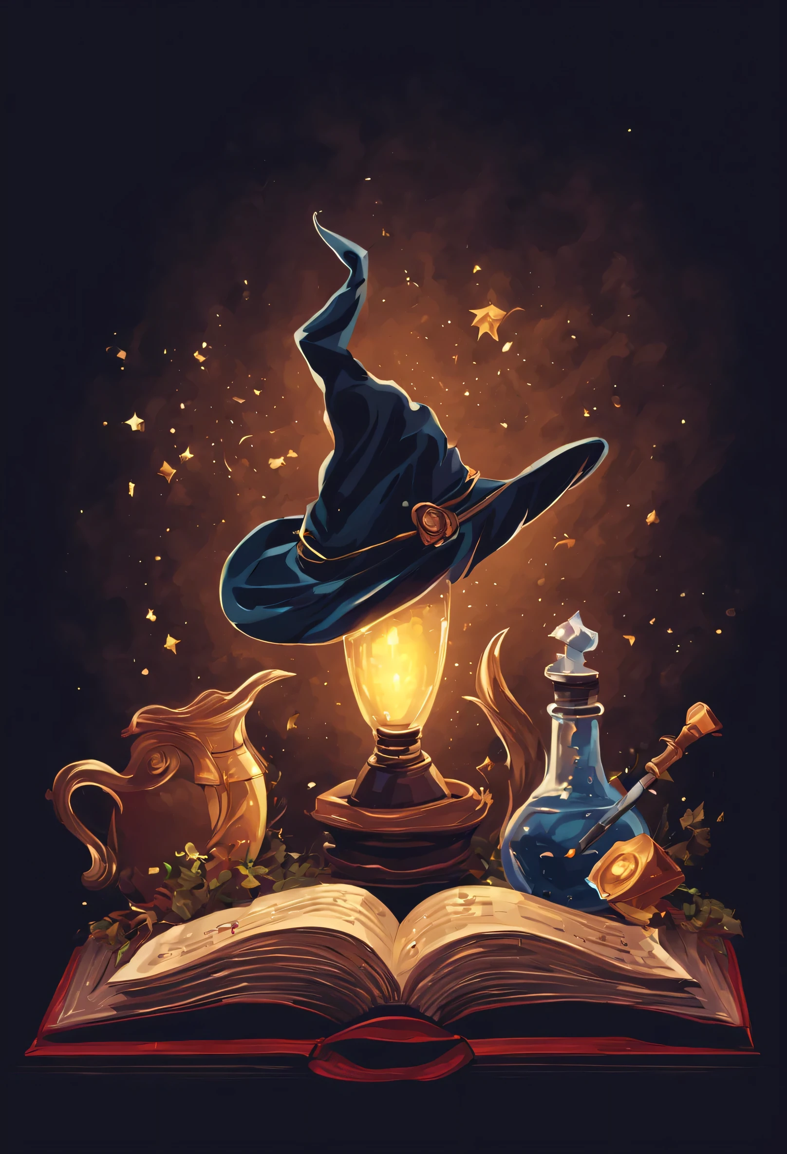 Magic related covers，Illustration type，Request to highlight the magic theme，Generate dark scenes around magic，Retro magic book、Bottle、sceptre、crucible、magic hat、Magic Broom，Generated based on the content provided above
