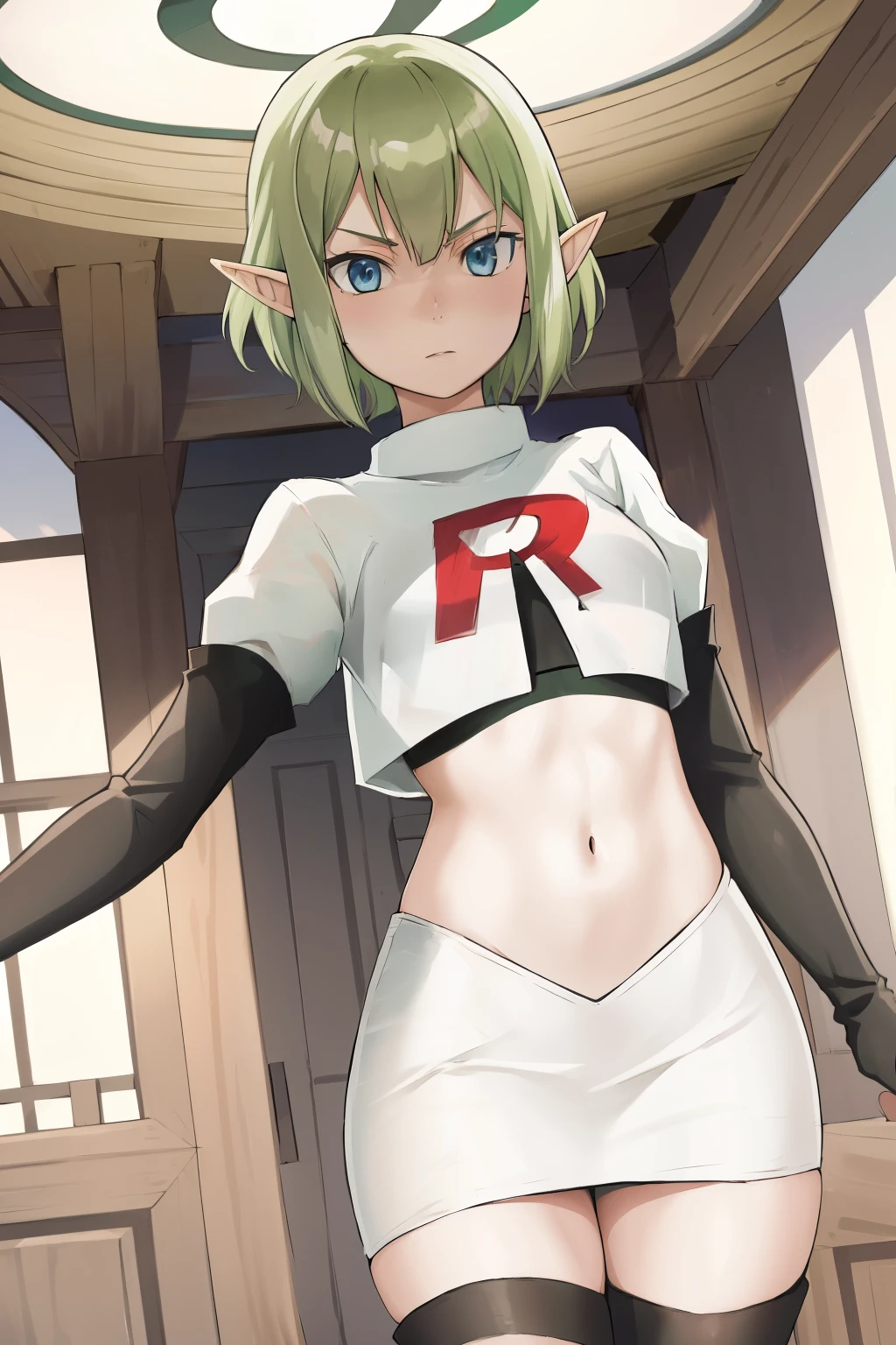 masterpiece,best quality,anime,2d,detailed face,
1girl, solo, pointy ears, blue eyes,green hair, looking at viewer, short hair, indoors, elf,medium breasts, team rocket,team rocket uniform, red letter R, white skirt,white crop top,black thigh-highs,black elbow gloves