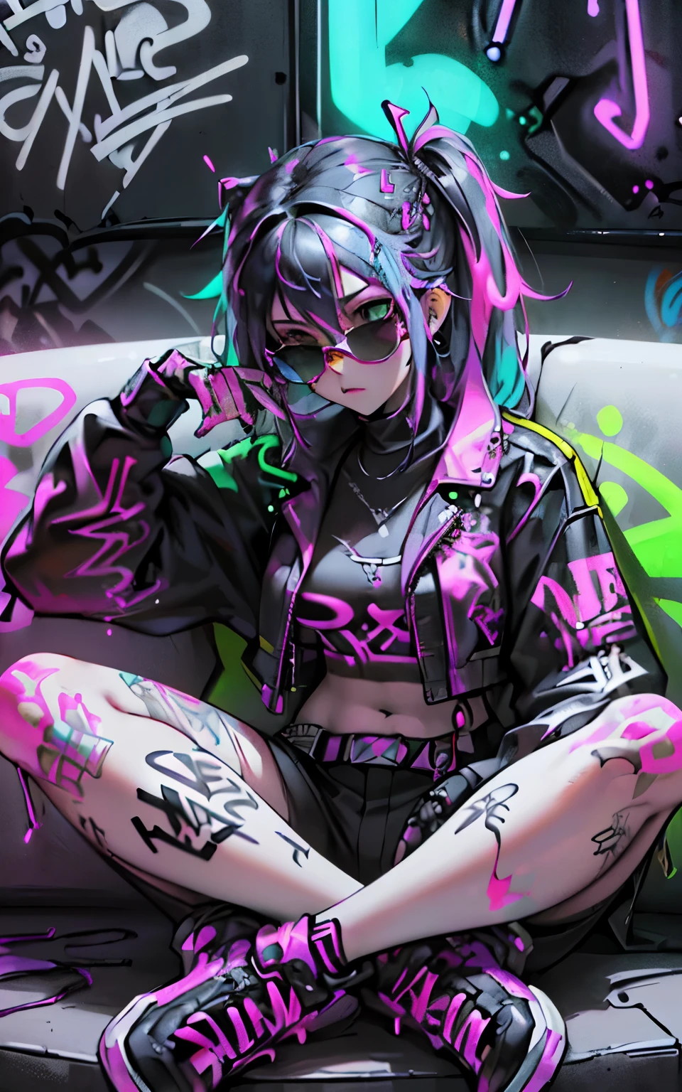 HD, (Best Detail) (Best Quality), Aalfi woman in sunglasses sitting in chair on sofa, (((Graffiti art))), (((Trigger studio style, graffiti art, rock punk, neon colors))), Carne Griffiths