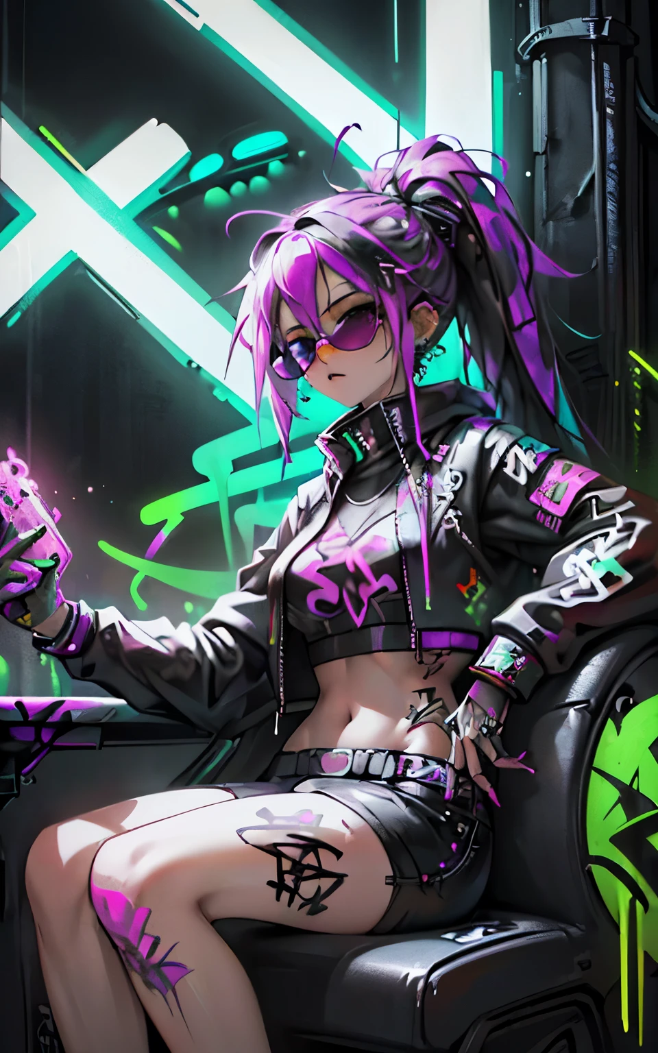 HD, (Best Detail) (Best Quality), Aalfi woman in sunglasses sitting in chair on sofa, (((Graffiti art))), (((Trigger studio style, graffiti art, rock punk, neon colors))), Carne Griffiths