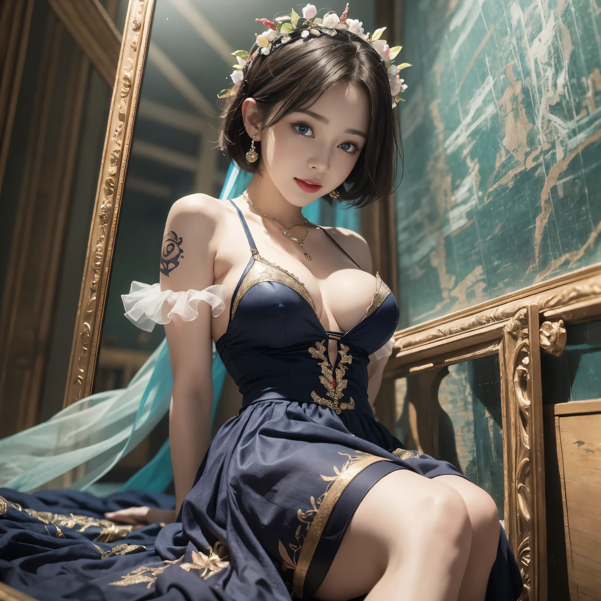 masterpiece, best quality, high quality, Very detailed CG uniform 8k wallpaper, 1 girl, alone, blue hair, tattoo, short hair, have, jewelry, Smile, necklace, looking at the audience, have, actual, open mouth, teeth, Upper body, Vest, nose, bare shoulders, artist name, black headdress, clavicle, arm tattoo, blue eyes, lips, Vague, painting, Award-winning photography, Bokeh, depth of field, human development report, bloom, Color difference, realism, Very detailed, artstation intricate, high detail, dramatic, midway art,　（Silk dress、long skirt）(Off the shoulders）, (超realism)、(Enlightenment)、(high resolution)、(8k)、(内容Very detailed)、(Best Illustration)、(Beautiful and delicate eyes)、(big breasts)、(Super detailed)、(masterpiece)、(wallpaper）