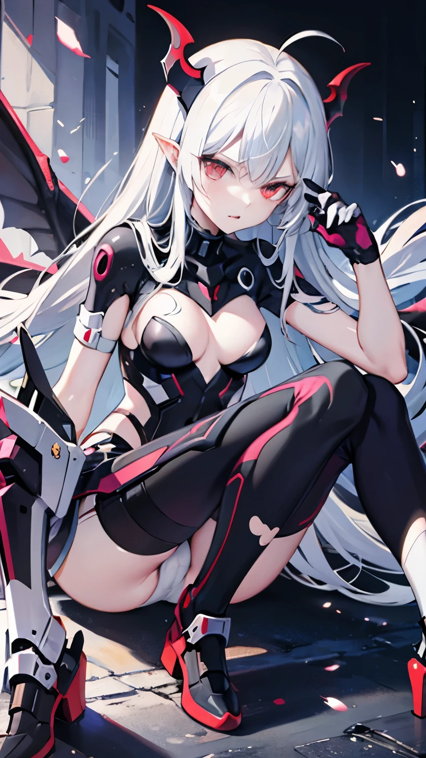 pale skin，dark风，long white hair，black eye shadow，red eyes，Abstinence，dark，antenna，succubus，Open the legs，angry，Battle damage，Broken clothes，Transparent underwear，camel toe，sitting，hot pants，Mecha，front view