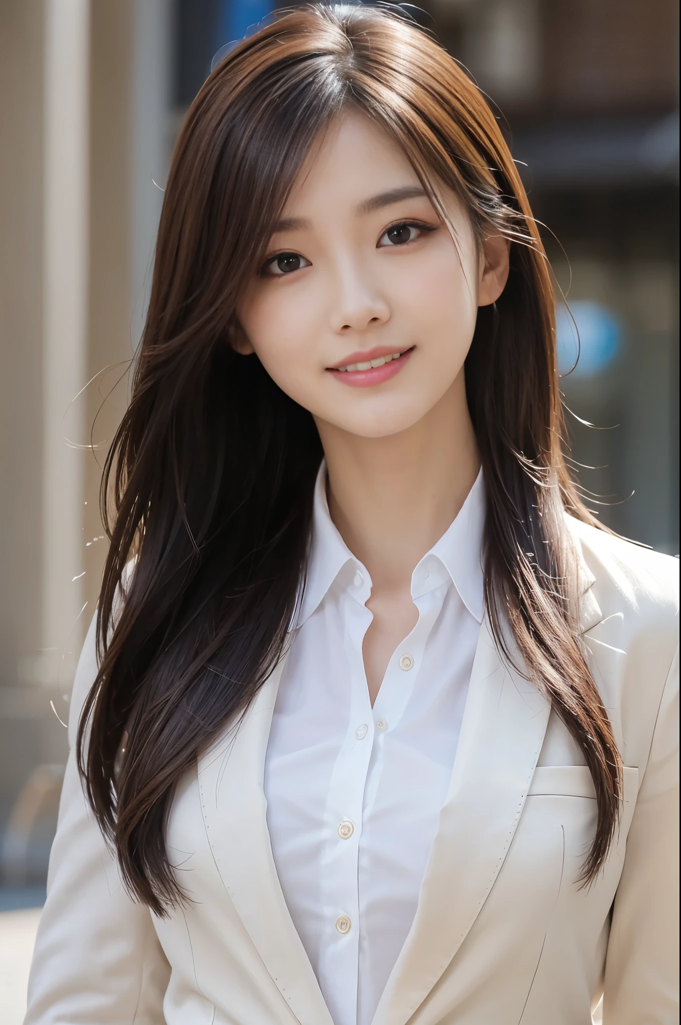 masutepiece, Best Quality, Photorealistic, Ultra-detailed, finely detail, High resolution, 8K Wallpaper, 1 beautiful woman,, light brown messy hair, in a business suit, foco nítido, Perfect dynamic composition, Beautiful detailed eyes, detailed hairs, Detailed realistic skin texture, Smiling, Close-up portrait, Model body type