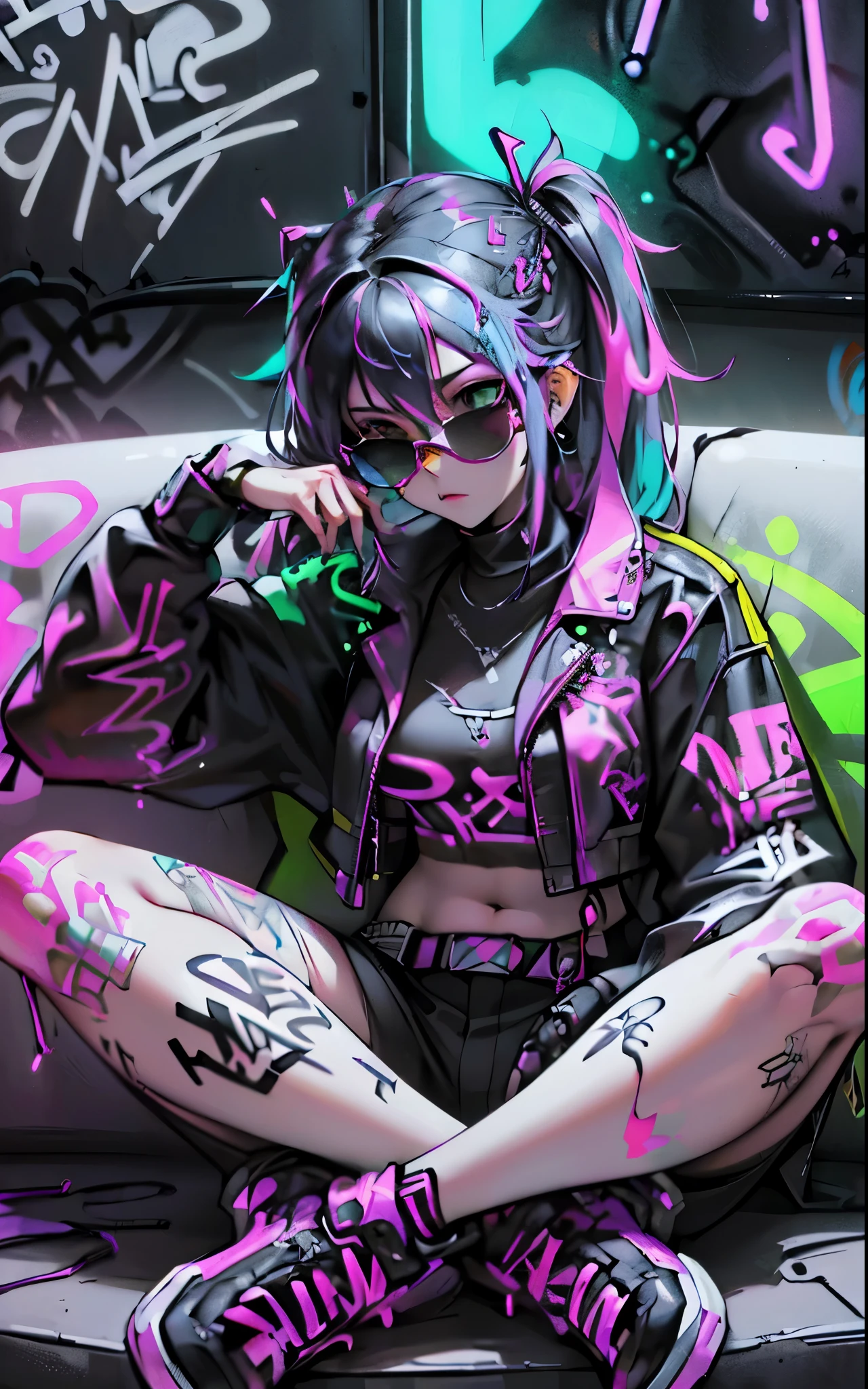 HD, (Best Detail) (Best Quality), Aalfi woman in sunglasses sitting in chair on sofa, (((Graffiti art))), (((Trigger studio style, graffiti art, rock punk, neon colors))), Carne Griffiths
